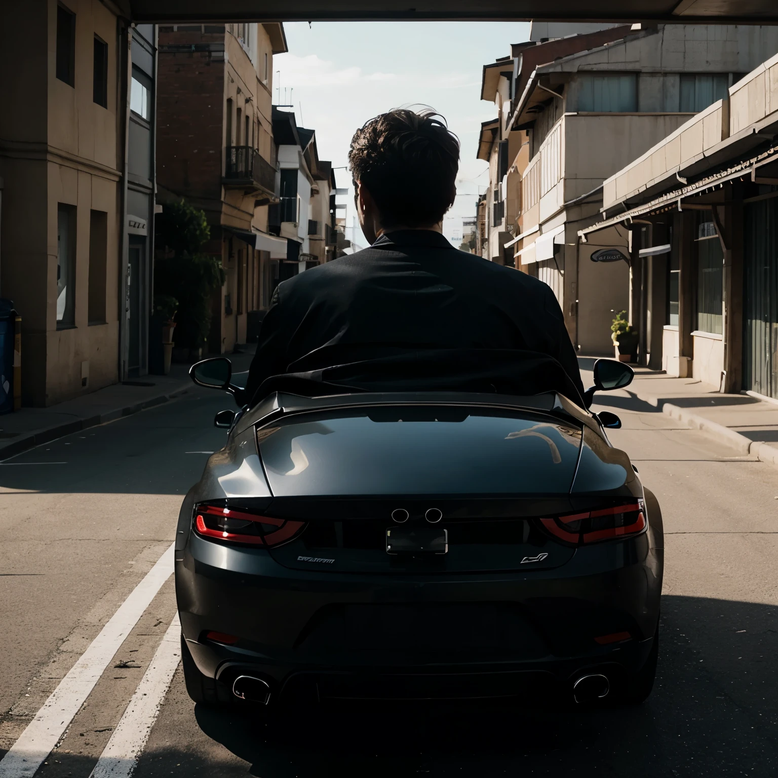 Sport car with man from behind view