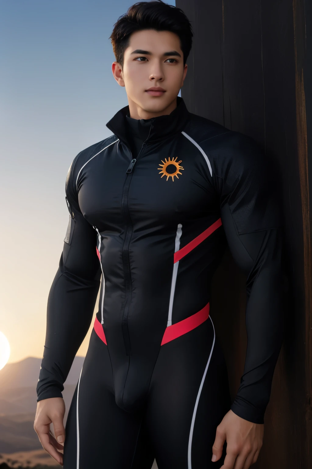 male, (standing close to solar eclipse), landscape, huge sun solar eclipse background, elegant, wearing spacesuit, tight clothes, open clothes, unzipped, blush, masterpiece, best quality, detailed background, depth of field, intricate details, (muscular), (large pectorals), (puffy nipples),