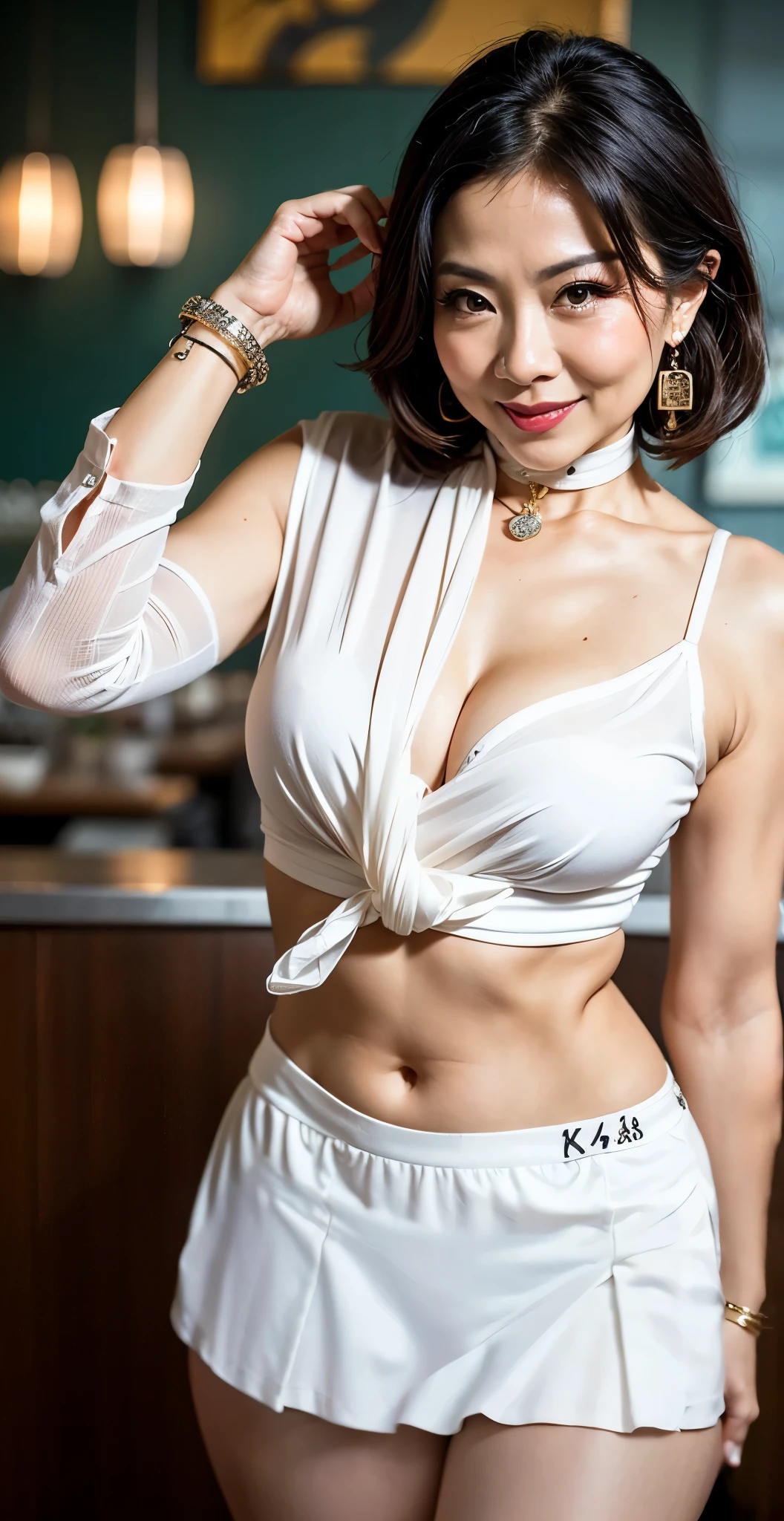 75 years old Mom MILF Chinese Lady large earring Big choker navel piercing decoration A bracelet Silver Hair realisitic Gorgeous Madame Beautiful Mature Woman sexy Smile Gentle woman navel piercing 4K High quality restaurant gorgeous madam beauty