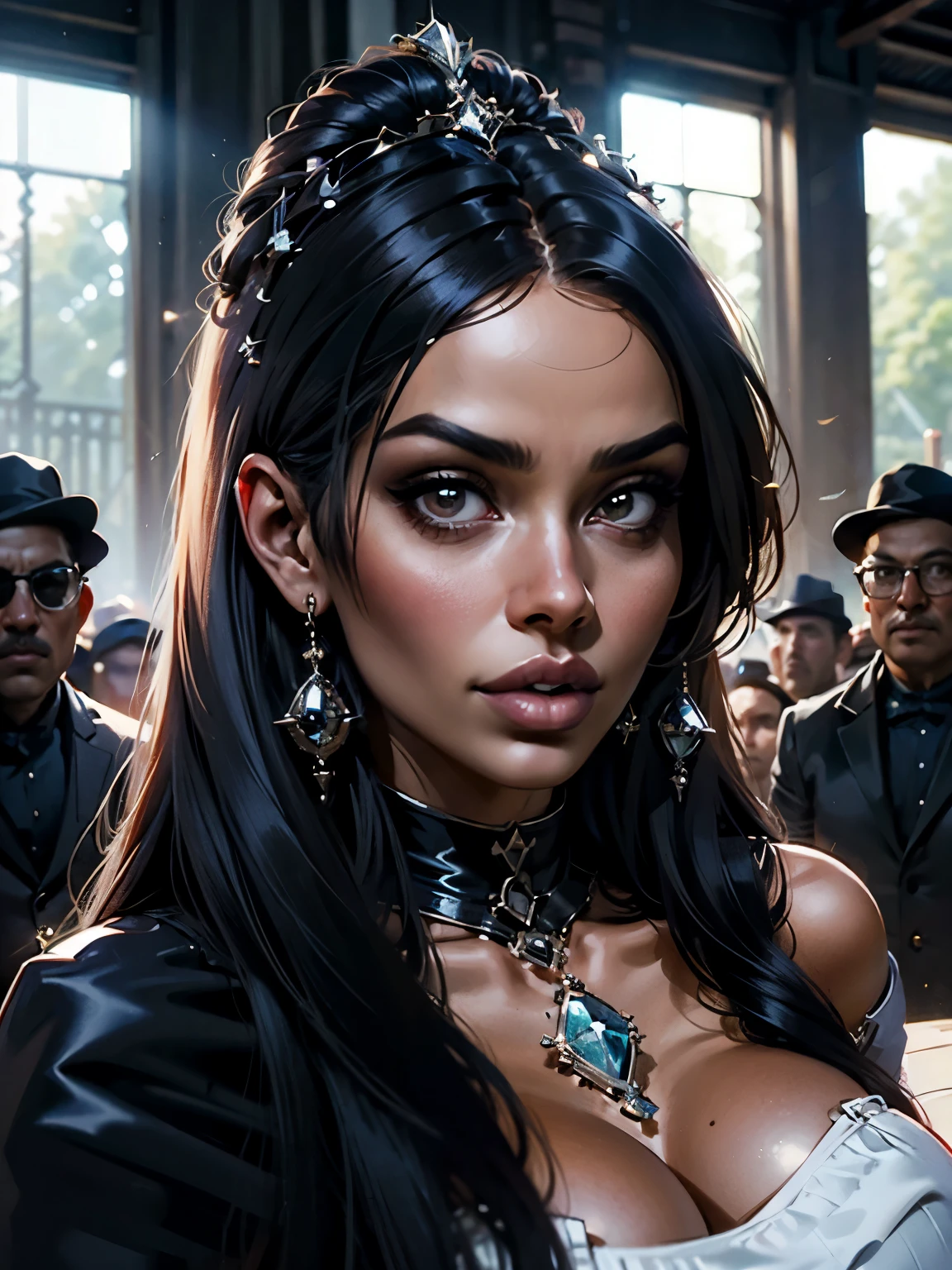 A mysterious sexy and hot queen in the center of a gothic village, around her her people of fantastic creatures who proclaim her, the queen is a little distant from the lens, the people of fantastic creatures are clearly visible and detailed
