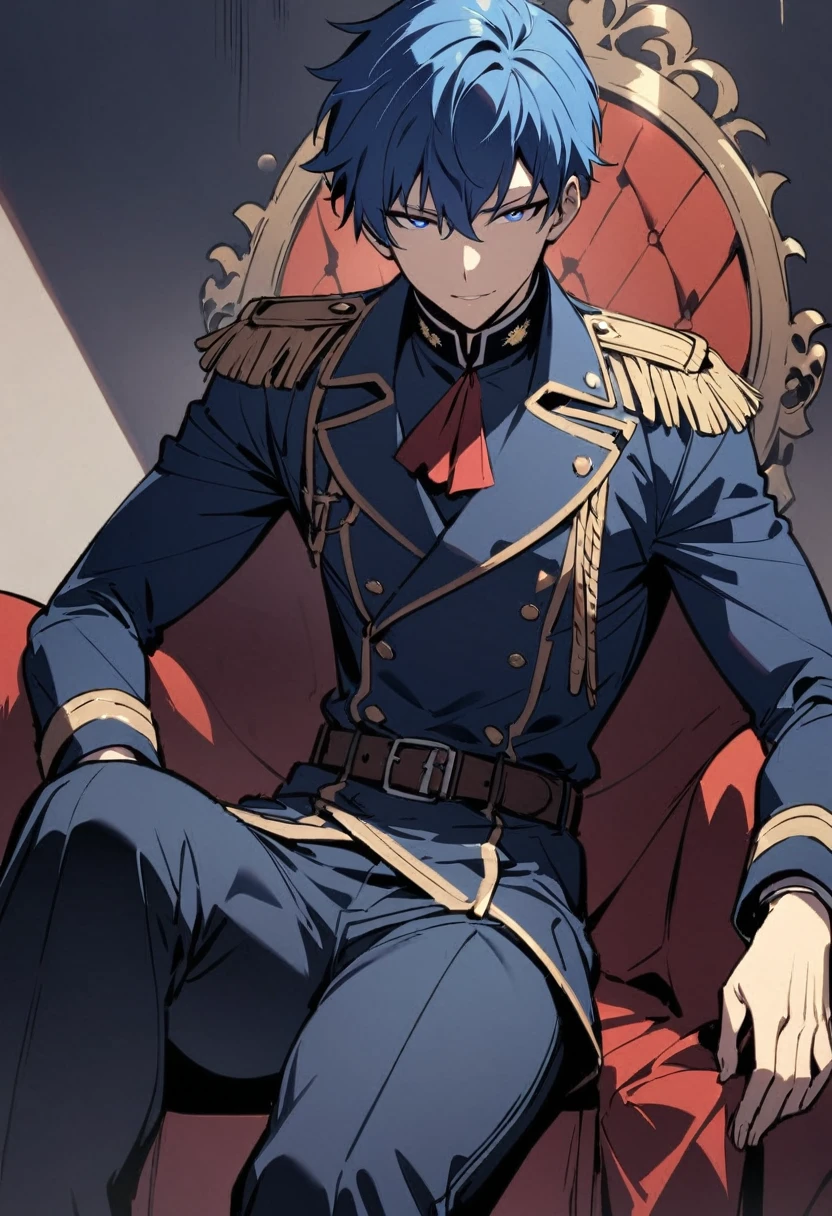 masterpiece, highest quality, 1boy, sitting on a throne, solo, strong arms, fit body, muscles ,dark blue military uniform, epaulettes, black boots, military uniform, military, uniform, belt, dark blue pants, blue hair, short hair, blue eyes, seductive smile face, looking at viewer, low angle shot