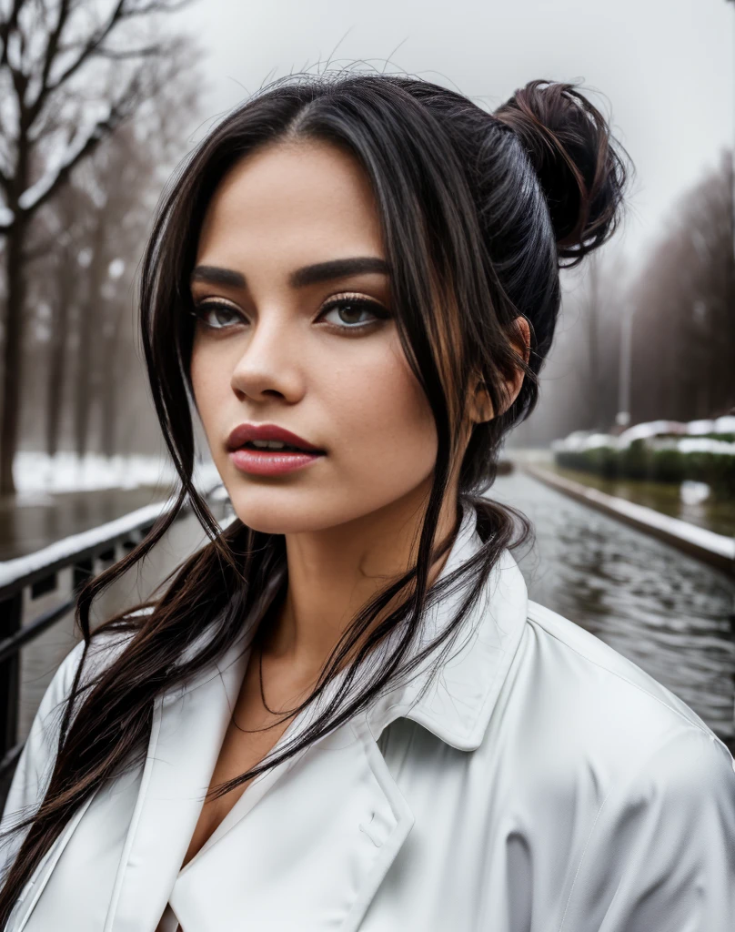(best quality)), ((masterpiece)), (detailed), (full body shot), perfect face, Envision an art drawing of a female with dark brown hair in two pony tails from sides, her eyes adorned with smoky eyeshadow and dramatic eyeliner, shining skin, fashion photography, wearing white shirt and black pants and black coat, , roaming in street during rain, soaked in water, detailed water drops on chest and face, wet cloths, detailed background, depth of field, seductive dynamic poses, her curves, huge breasts, slim waist, curvy figure, proportionate huge hips, huge ass, huge breasts. Use a dimly light setting to enhance her mysterious charm. 6 pack abs, red lips, perfect hands, perfect fingers, intricate detailed fingers and nails