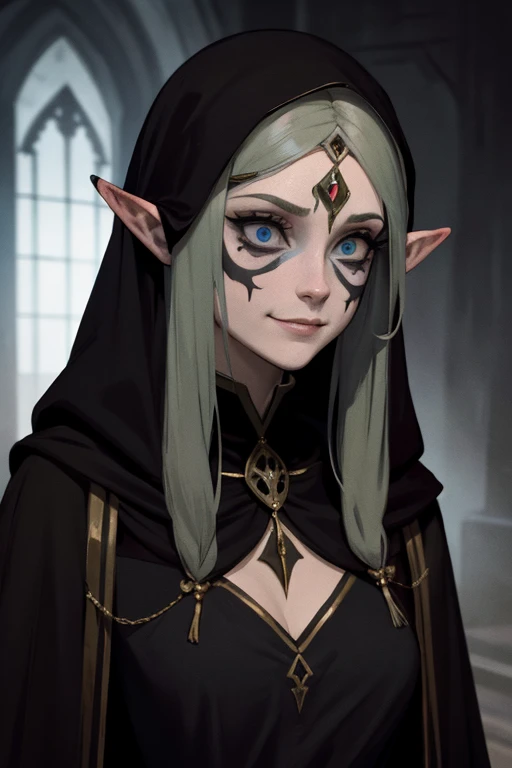 Dark, Creepy, 1,000 Year old, elf slut, low dim lighting, dark chamber, smirk, blood on her face, cultist markings,