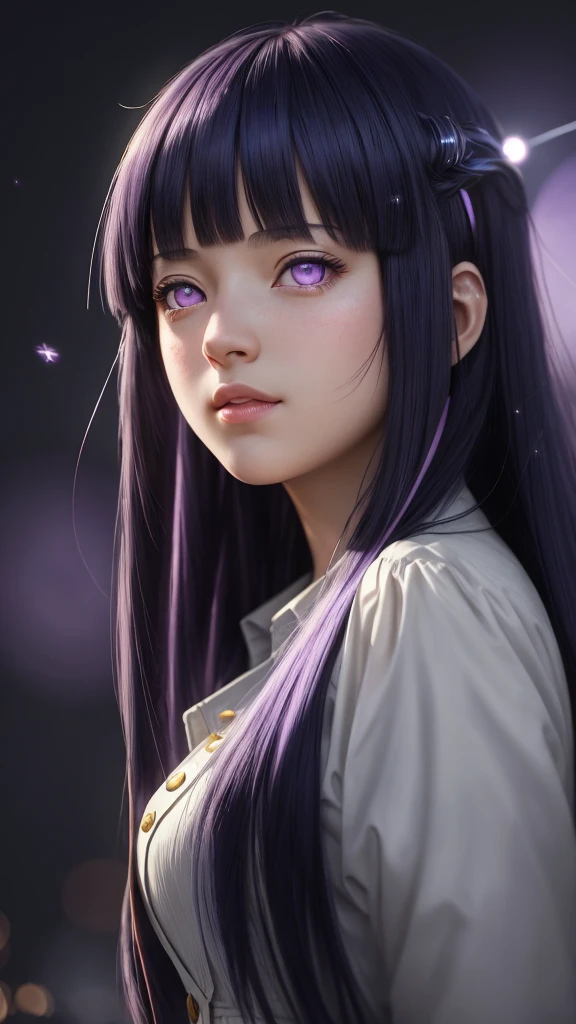 (best quality, masterpiece:1.2),ultra detailed,(photo realistic:1.4),solo,cute girl,(colorful illumination:1.1),light_particles, summon,on hand,luminescence_circle_background,Blunt Bangs, purple eyes, long dark blue hair