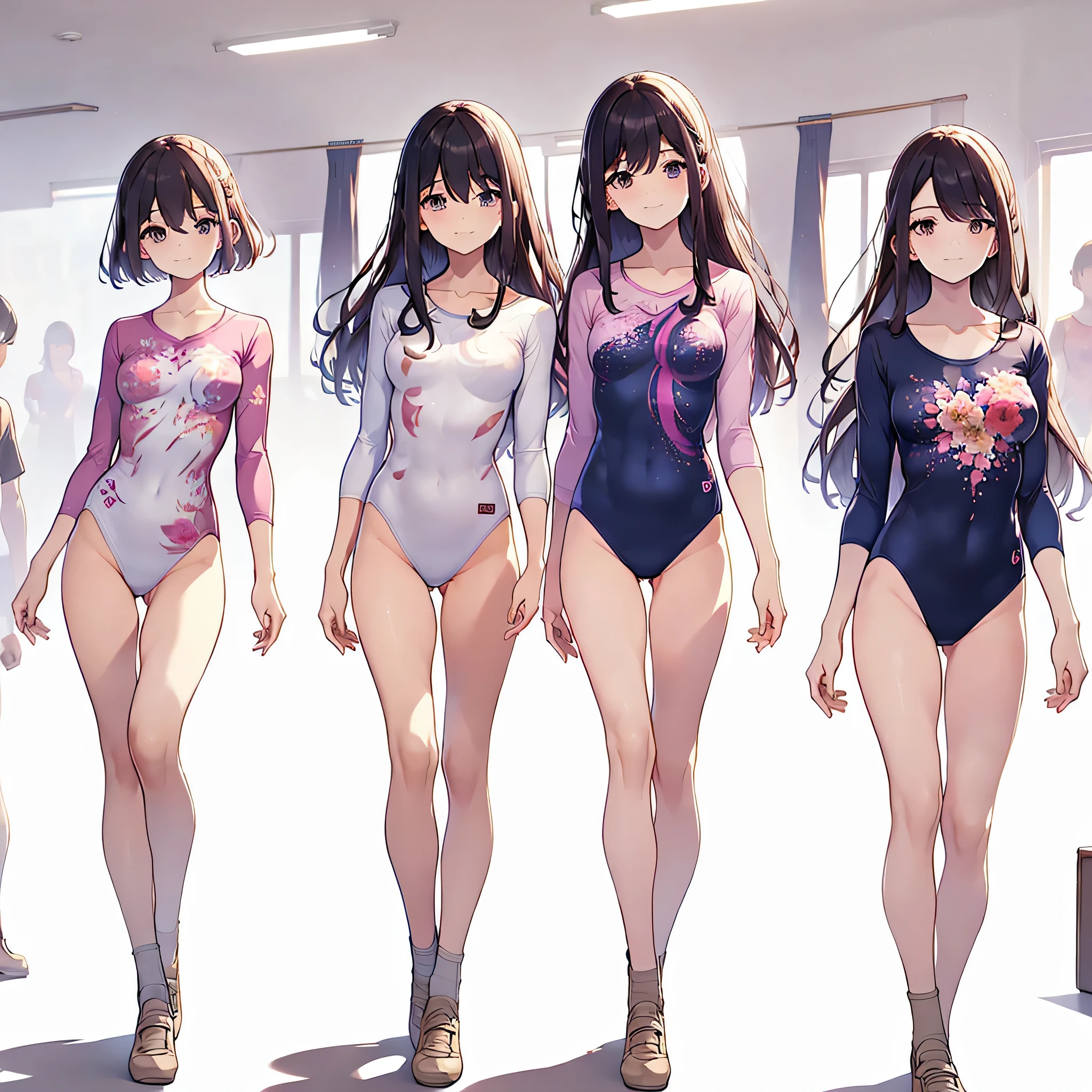 ((full body)),(masterpiece, best quality), (2 girls1.5) ,((Contrapposto:1.5)), looking at viewer, walking,((v_arms:1.2)), (wearing gymnastics_longsleeves_leotard_outfit leotard:1.3),(pink leotard) ,(floral print leotard:1.3),{{wearing gym suit:1.3 }}, BREAK masterpiece black hair, ((long hair:1.2)), ((parted bangs:1.3)), black eyes, good hand, ((small breasts)), (over 20 years old, under 25 years old:1.2), , spotlight, happy, smile, BREAK in the class room