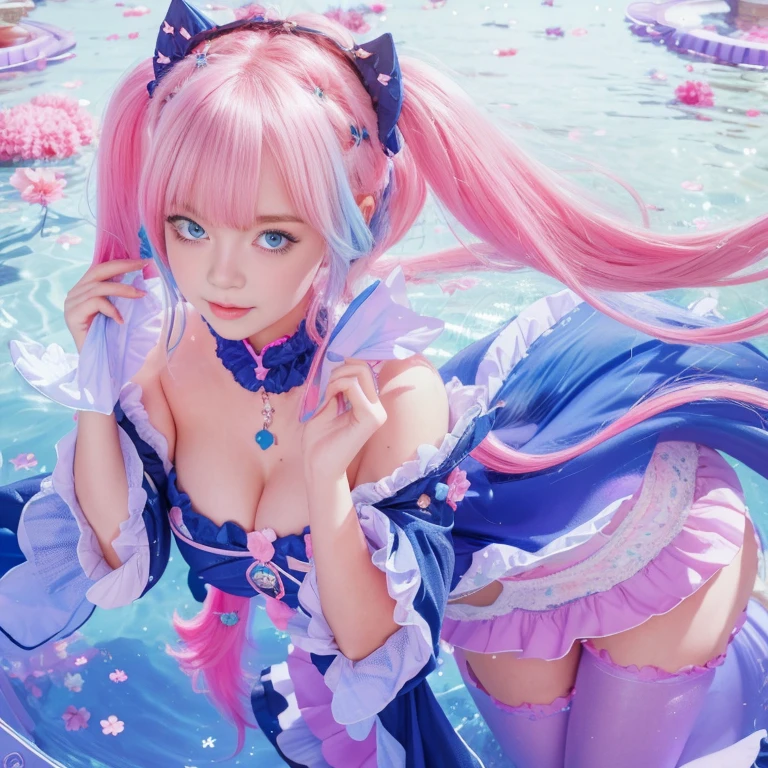 girl with pink hair and blue eyes in a blue dress, pink twintail hair and cyan eyes, style 4 k, beautiful girl, art wallpaper 8 k, art wallpaper 4 k, art wallpaper 4k, very beautiful cat girl, wallpaper 4k, wallpaper 4 k, beautiful fantasy, wallpaper blue water