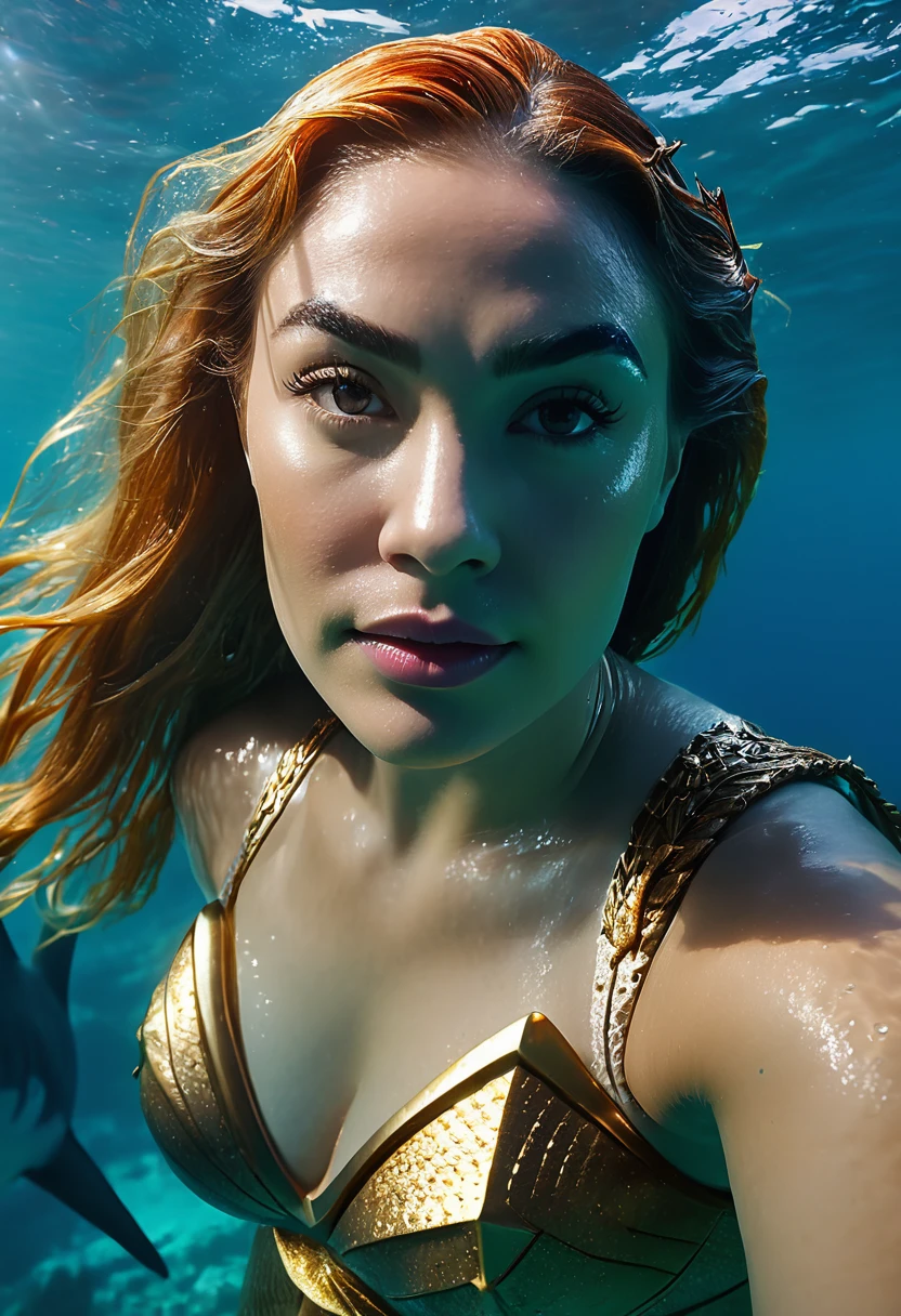 Aquaman's sister, dressed in a similar costume, is training a pack of sharks deep underwater. (best quality,4k,8k,highres,masterpiece:1.2),ultra-detailed,(realistic,photorealistic,photo-realistic:1.37), HDR, UHD, professional, vivid colors, bokeh, underwater scene, portrait, action shot, dynamic lighting, vibrant coral reef, crystal clear seawater, powerful water currents, magnificent scale of sharks, detailed shark fins, shimmering reflections, graceful swimming movements, intense interaction between Aquaman's sister and the sharks, Atlantean armor, mystical trident, intricate costume details, focused expression, determined face, fierce eye contact, breathtaking aquatic world, depths of the ocean, mystical aura, awe-inspiring power, majestic presence, oceanic harmony.