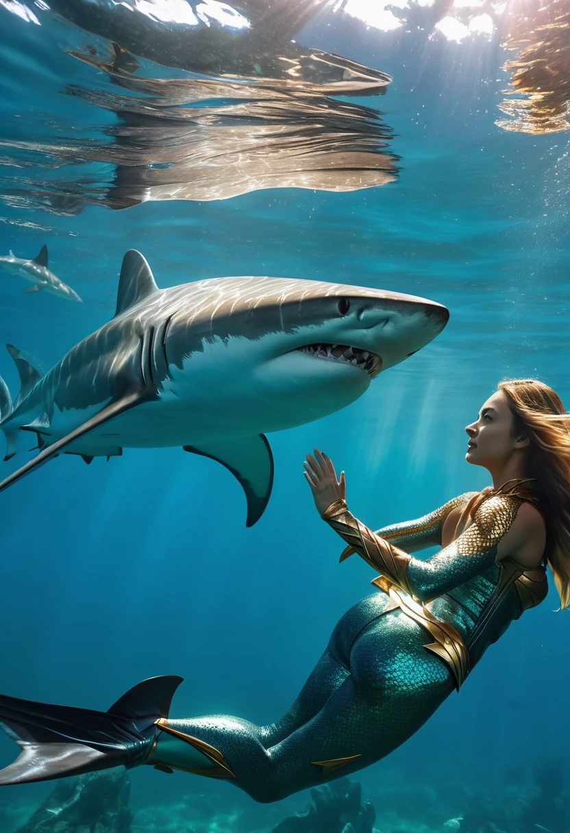 Aquaman's sister, dressed in a similar costume, is training a pack of sharks deep underwater. (best quality,4k,8k,highres,masterpiece:1.2),ultra-detailed,(realistic,photorealistic,photo-realistic:1.37), HDR, UHD, professional, vivid colors, bokeh, underwater scene, portrait, action shot, dynamic lighting, vibrant coral reef, crystal clear seawater, powerful water currents, magnificent scale of sharks, detailed shark fins, shimmering reflections, graceful swimming movements, intense interaction between Aquaman's sister and the sharks, Atlantean armor, mystical trident, intricate costume details, focused expression, determined face, fierce eye contact, breathtaking aquatic world, depths of the ocean, mystical aura, awe-inspiring power, majestic presence, oceanic harmony.