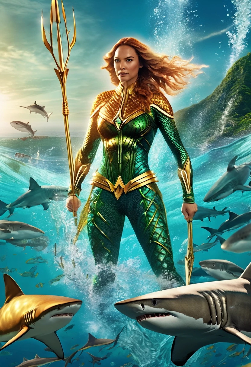 Aquaman's sister, dressed in a similar costume, is training a pack of sharks deep underwater. (best quality,4k,8k,highres,masterpiece:1.2),ultra-detailed,(realistic,photorealistic,photo-realistic:1.37), HDR, UHD, professional, vivid colors, bokeh, underwater scene, portrait, action shot, dynamic lighting, vibrant coral reef, crystal clear seawater, powerful water currents, magnificent scale of sharks, detailed shark fins, shimmering reflections, graceful swimming movements, intense interaction between Aquaman's sister and the sharks, Atlantean armor, mystical trident, intricate costume details, focused expression, determined face, fierce eye contact, breathtaking aquatic world, depths of the ocean, mystical aura, awe-inspiring power, majestic presence, oceanic harmony.