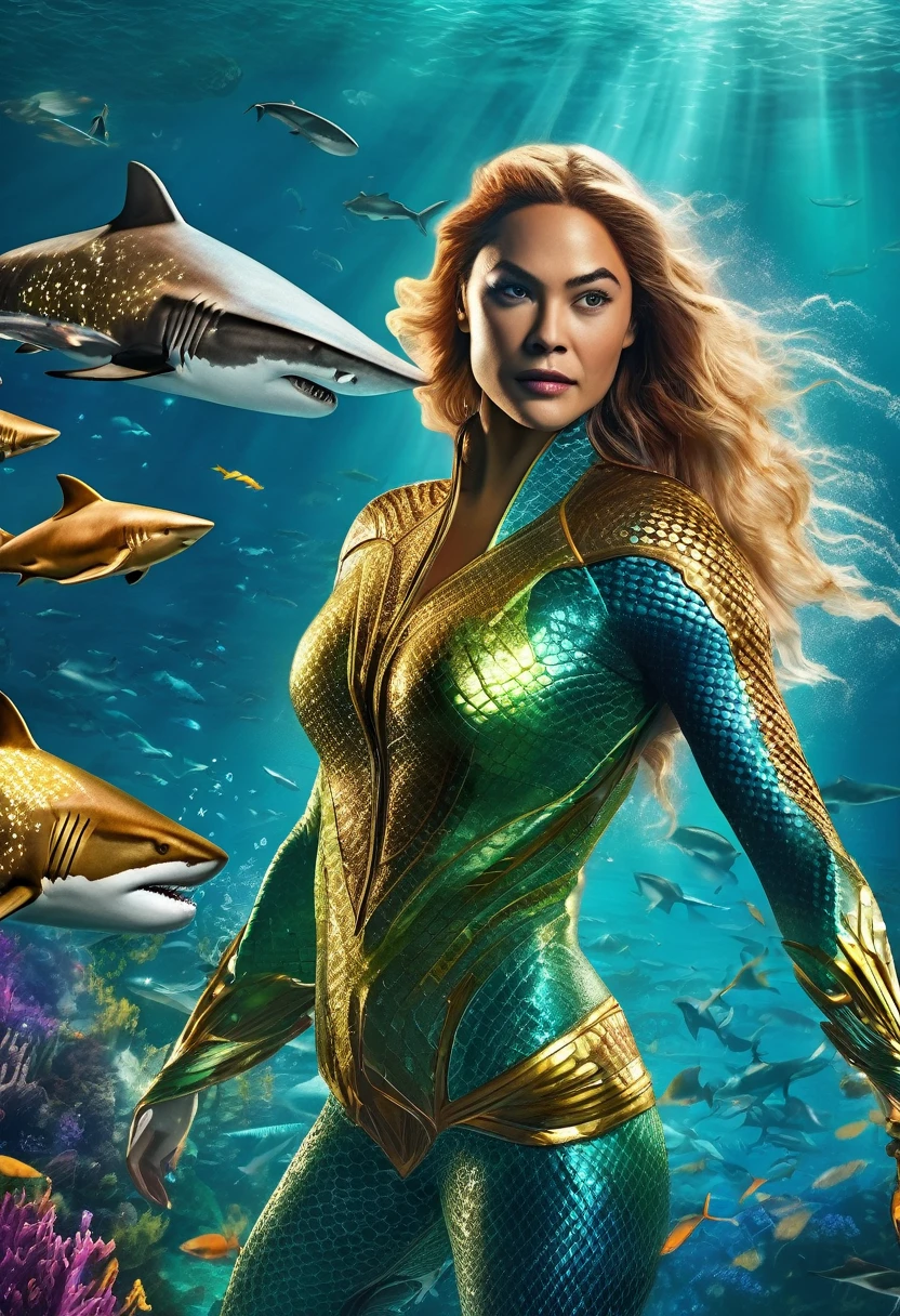 Aquaman's sister, dressed in a similar costume, is training a pack of sharks deep underwater. (best quality,4k,8k,highres,masterpiece:1.2),ultra-detailed,(realistic,photorealistic,photo-realistic:1.37), HDR, UHD, professional, vivid colors, bokeh, underwater scene, portrait, action shot, dynamic lighting, vibrant coral reef, crystal clear seawater, powerful water currents, magnificent scale of sharks, detailed shark fins, shimmering reflections, graceful swimming movements, intense interaction between Aquaman's sister and the sharks, Atlantean armor, mystical trident, intricate costume details, focused expression, determined face, fierce eye contact, breathtaking aquatic world, depths of the ocean, mystical aura, awe-inspiring power, majestic presence, oceanic harmony.