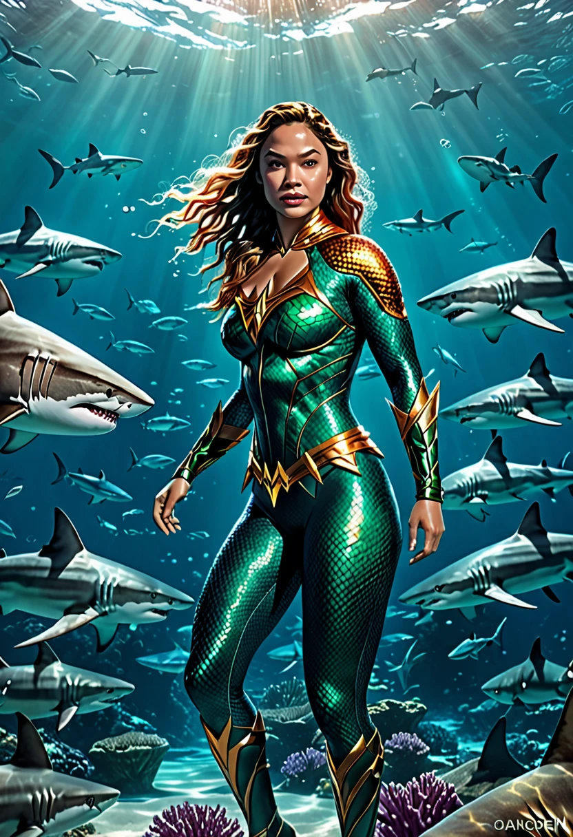 Aquaman's sister, dressed in a similar costume, is training a pack of sharks deep underwater. (best quality,4k,8k,highres,masterpiece:1.2),ultra-detailed,(realistic,photorealistic,photo-realistic:1.37), HDR, UHD, professional, vivid colors, bokeh, underwater scene, portrait, action shot, dynamic lighting, vibrant coral reef, crystal clear seawater, powerful water currents, magnificent scale of sharks, detailed shark fins, shimmering reflections, graceful swimming movements, intense interaction between Aquaman's sister and the sharks, Atlantean armor, mystical trident, intricate costume details, focused expression, determined face, fierce eye contact, breathtaking aquatic world, depths of the ocean, mystical aura, awe-inspiring power, majestic presence, oceanic harmony.
