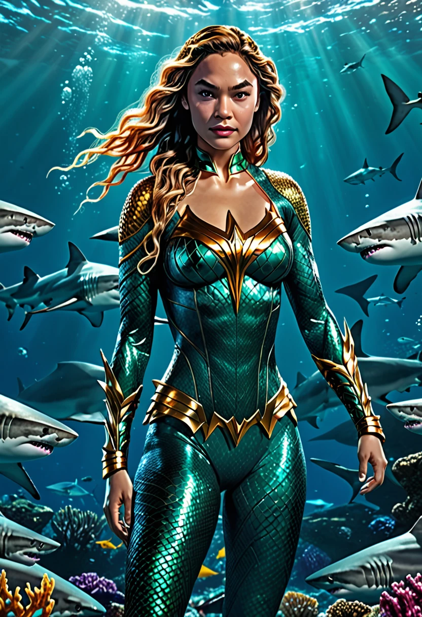 Aquaman's sister, dressed in a similar costume, is training a pack of sharks deep underwater. (best quality,4k,8k,highres,masterpiece:1.2),ultra-detailed,(realistic,photorealistic,photo-realistic:1.37), HDR, UHD, professional, vivid colors, bokeh, underwater scene, portrait, action shot, dynamic lighting, vibrant coral reef, crystal clear seawater, powerful water currents, magnificent scale of sharks, detailed shark fins, shimmering reflections, graceful swimming movements, intense interaction between Aquaman's sister and the sharks, Atlantean armor, mystical trident, intricate costume details, focused expression, determined face, fierce eye contact, breathtaking aquatic world, depths of the ocean, mystical aura, awe-inspiring power, majestic presence, oceanic harmony.