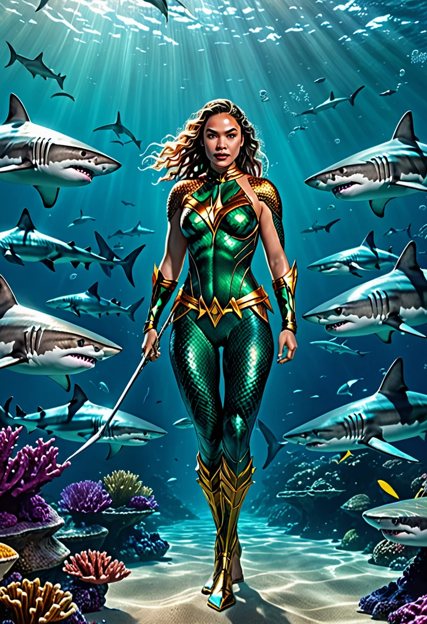 Aquaman's sister, dressed in a similar costume, is training a pack of sharks deep underwater. (best quality,4k,8k,highres,masterpiece:1.2),ultra-detailed,(realistic,photorealistic,photo-realistic:1.37), HDR, UHD, professional, vivid colors, bokeh, underwater scene, portrait, action shot, dynamic lighting, vibrant coral reef, crystal clear seawater, powerful water currents, magnificent scale of sharks, detailed shark fins, shimmering reflections, graceful swimming movements, intense interaction between Aquaman's sister and the sharks, Atlantean armor, mystical trident, intricate costume details, focused expression, determined face, fierce eye contact, breathtaking aquatic world, depths of the ocean, mystical aura, awe-inspiring power, majestic presence, oceanic harmony.