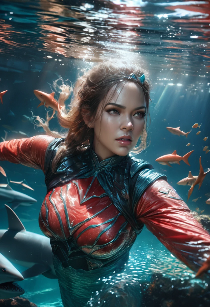Aquaman's sister, dressed in a similar costume, is training a pack of sharks deep underwater. (best quality,4k,8k,highres,masterpiece:1.2),ultra-detailed,(realistic,photorealistic,photo-realistic:1.37), HDR, UHD, professional, vivid colors, bokeh, underwater scene, portrait, action shot, dynamic lighting, vibrant coral reef, crystal clear seawater, powerful water currents, magnificent scale of sharks, detailed shark fins, shimmering reflections, graceful swimming movements, intense interaction between Aquaman's sister and the sharks, Atlantean armor, mystical trident, intricate costume details, focused expression, determined face, fierce eye contact, breathtaking aquatic world, depths of the ocean, mystical aura, awe-inspiring power, majestic presence, oceanic harmony.