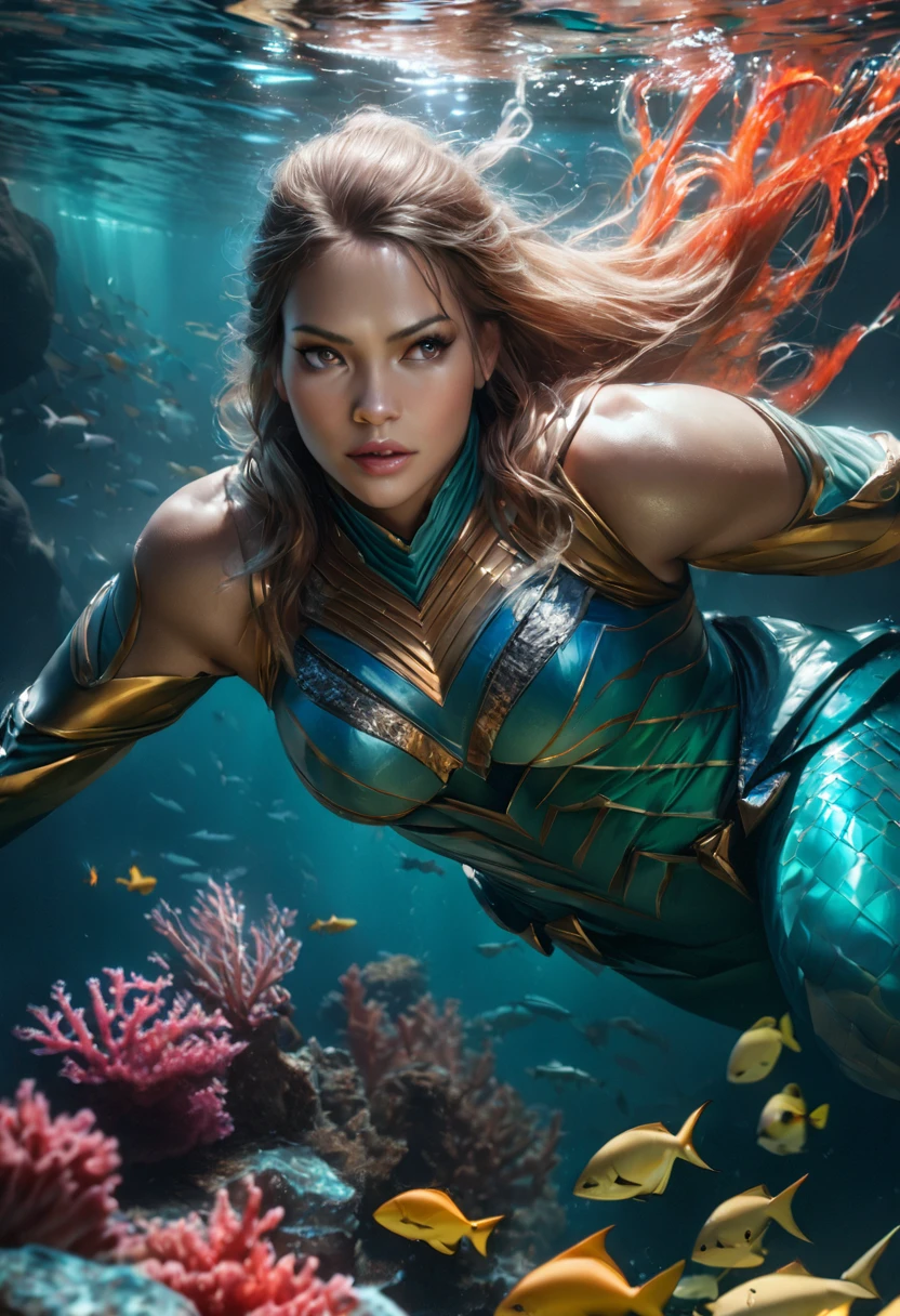 Aquaman's sister, dressed in a similar costume, is training a pack of sharks deep underwater. (best quality,4k,8k,highres,masterpiece:1.2),ultra-detailed,(realistic,photorealistic,photo-realistic:1.37), HDR, UHD, professional, vivid colors, bokeh, underwater scene, portrait, action shot, dynamic lighting, vibrant coral reef, crystal clear seawater, powerful water currents, magnificent scale of sharks, detailed shark fins, shimmering reflections, graceful swimming movements, intense interaction between Aquaman's sister and the sharks, Atlantean armor, mystical trident, intricate costume details, focused expression, determined face, fierce eye contact, breathtaking aquatic world, depths of the ocean, mystical aura, awe-inspiring power, majestic presence, oceanic harmony.