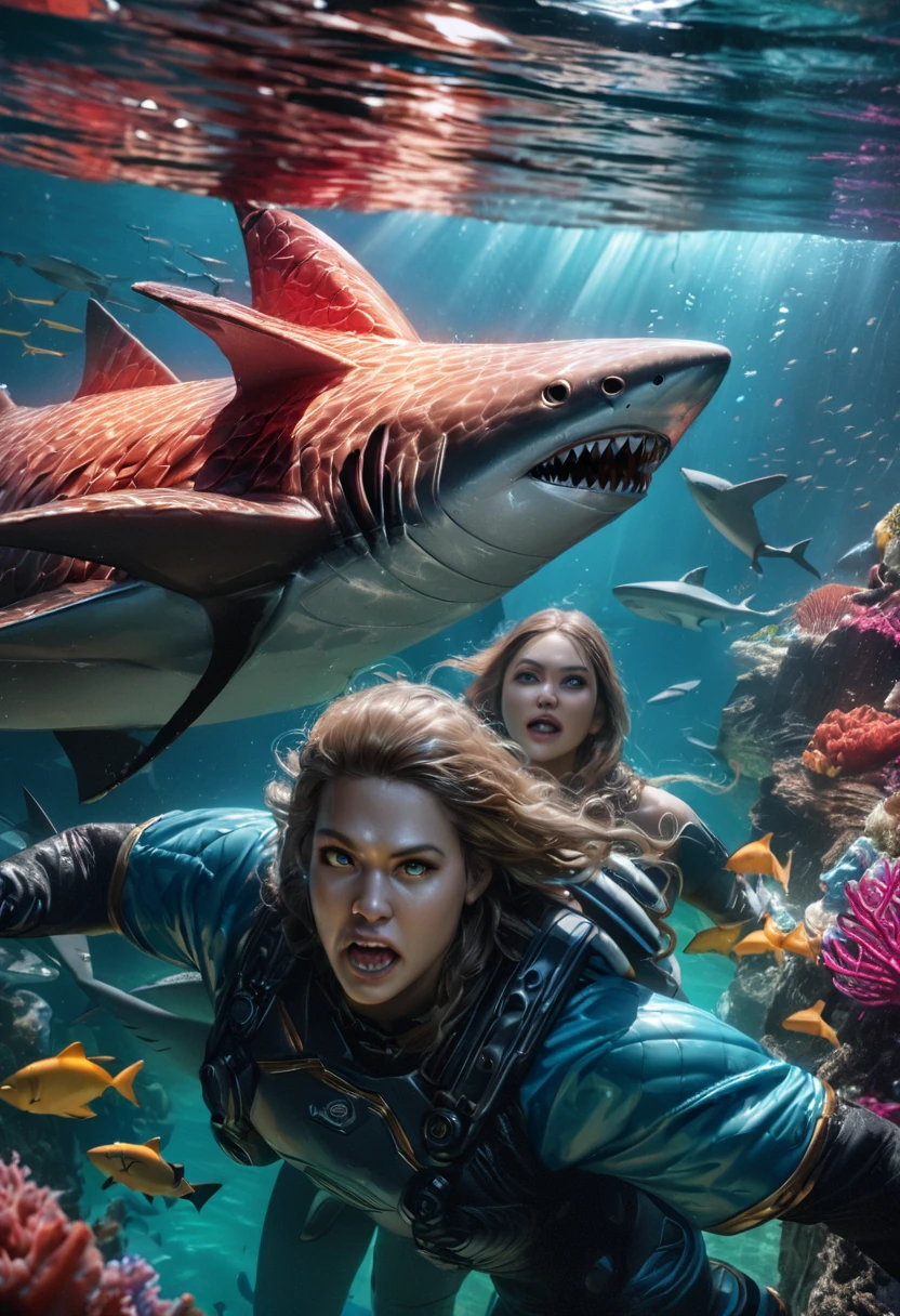 Aquaman's sister, dressed in a similar costume, is training a pack of sharks deep underwater. (best quality,4k,8k,highres,masterpiece:1.2),ultra-detailed,(realistic,photorealistic,photo-realistic:1.37), HDR, UHD, professional, vivid colors, bokeh, underwater scene, portrait, action shot, dynamic lighting, vibrant coral reef, crystal clear seawater, powerful water currents, magnificent scale of sharks, detailed shark fins, shimmering reflections, graceful swimming movements, intense interaction between Aquaman's sister and the sharks, Atlantean armor, mystical trident, intricate costume details, focused expression, determined face, fierce eye contact, breathtaking aquatic world, depths of the ocean, mystical aura, awe-inspiring power, majestic presence, oceanic harmony.