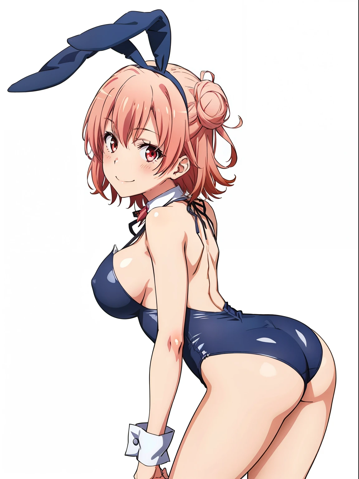 ((masutepiece, Best Quality, hight resolution, nffsw, Perfect Pixel, depth of fields, 4K, )), 1girl in, Solo, , Beautiful anime girl, Beautiful Art Style, close up, Looking at Viewer, Perfect body, Yuigahama Yui, Short hair, single hair bun, pink hair, (large boob), Full face blush, Smile, thighs thighs thighs thighs, navy playboy bunny, white background, side shot, hands on ass, bent over, Focus,
