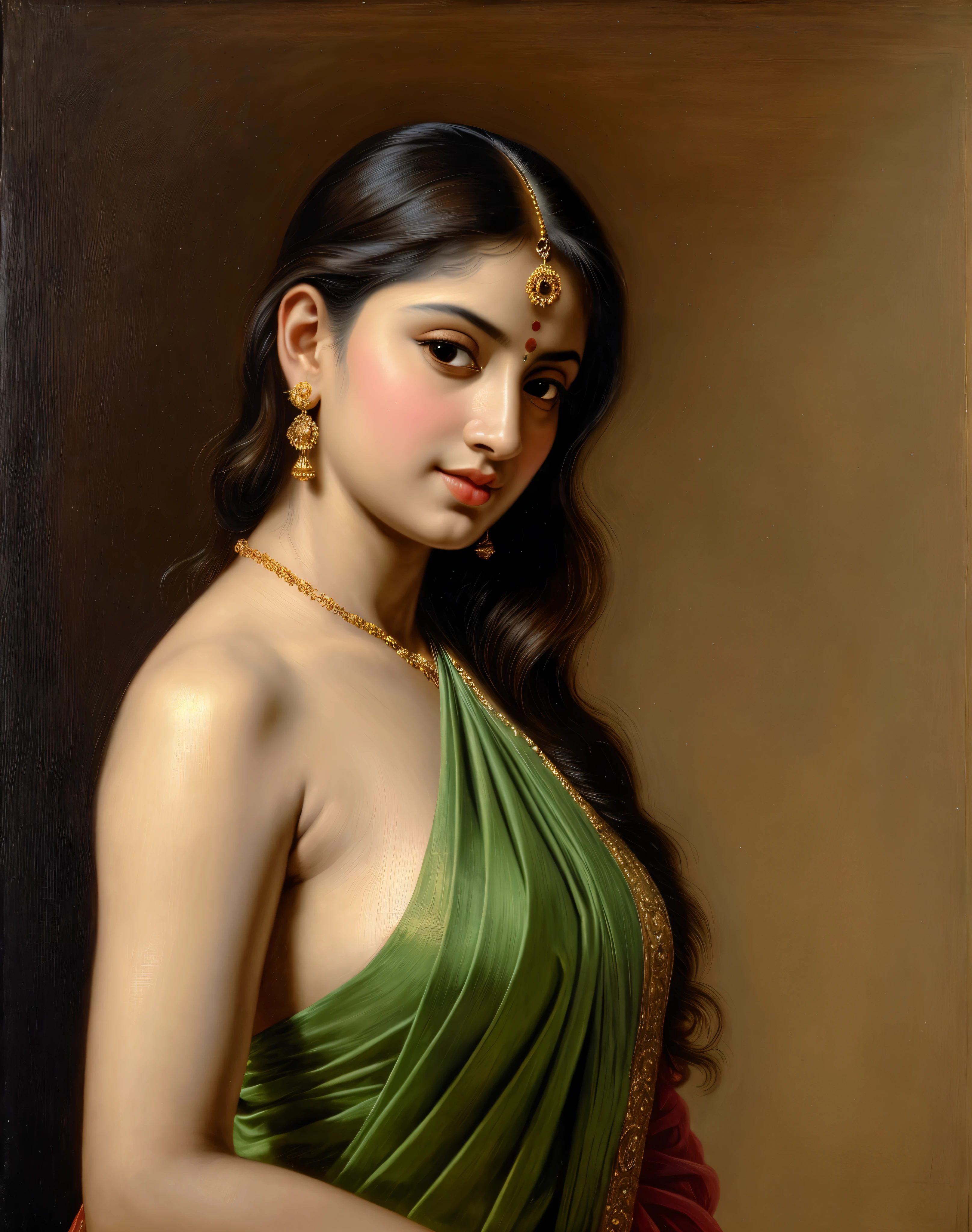 Beautiful Indian Woman, wearing saree, sari Beauty, gorgeous, Apsara, Maharani, royal queen woman, nymph from Hindu Mythology, Urvashi, matchless beauty, Highly detailed, Oil Painting by Peter Paul Rubens inspired by Raja Ravi Varma, Matchless beauty, captivating, gorgeous, heavenly beauty, celestial beauty, by Peter Paul Rubens, 13, realistic, hyper realistic, micro details, incredible artwork, insane details, ultra High resolution, 8k, 32k, acrylic on canvas, intricate, flawless, detailed, detailed face, detailed eyes, masterpiece, by Peter Paul Rubens, by Caravaggio, by William Adolphe bouguereau, perfect face, perfect body, beautiful art, realism, baroque, renaissance Art, highly textured, beautiful and detailed eyes, uhd, best quality,