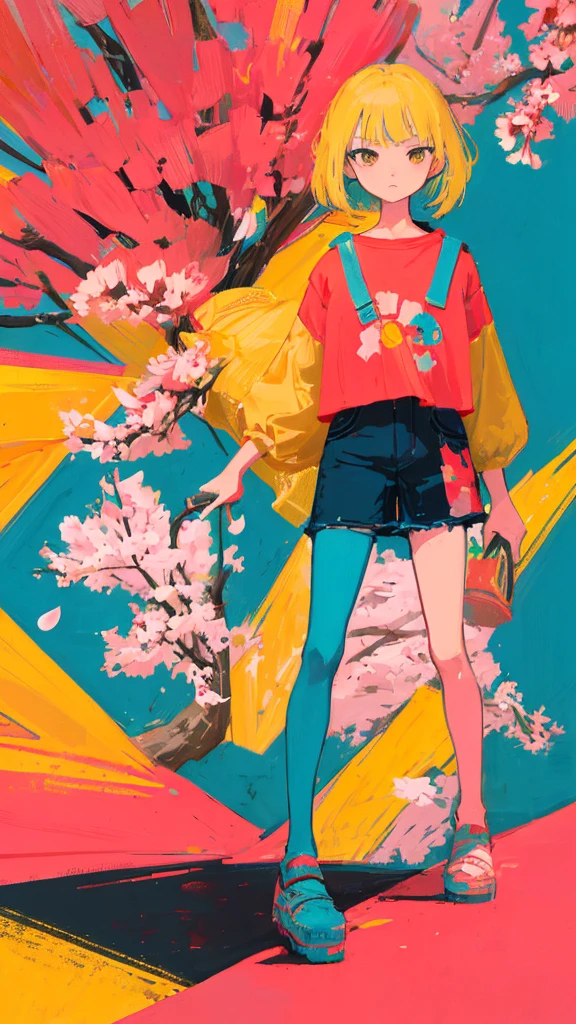 (shape: giant gram), (flat color:0.9),(colorful:1.1),(masterpiece:1,2), highest quality, masterpiece, High resolution, original, highly detailed wallpaper, looking at the viewer,,,1 girl,alone,Basquiat style,cherry blossoms