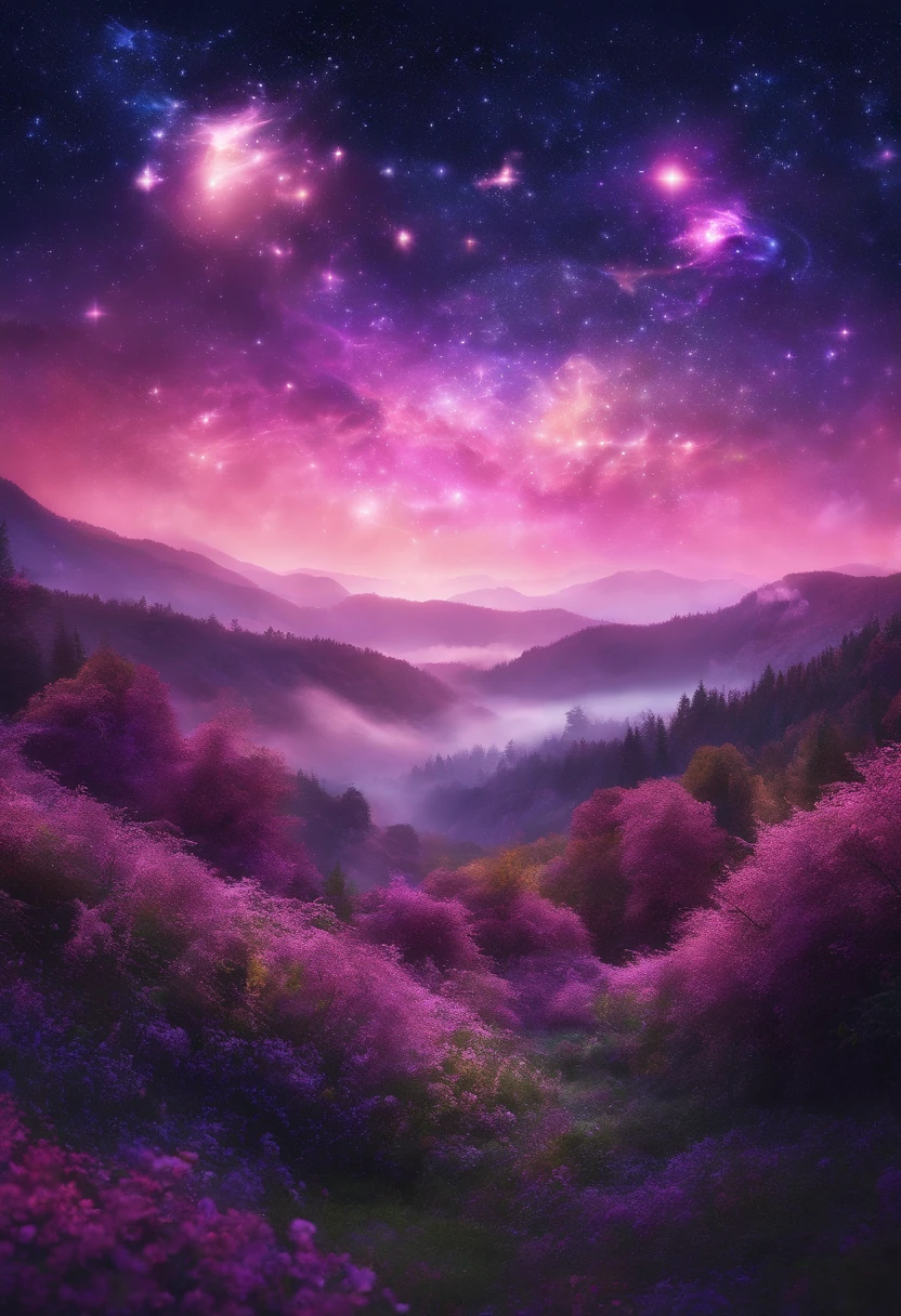 ((HG)), A captivating ((photorealistic image)) of a ((dreamy night sky)) featuring ((a fulmoon)) and an array of twinkling stars. ((Galaxy)), creating a sense of depth and fantasy. ((soft dreamy ethereal atmosphere.)) This stunning 3D render, showcasing an aesthetic blend of cosmic and dreamy elements, calm pink and purple tone,