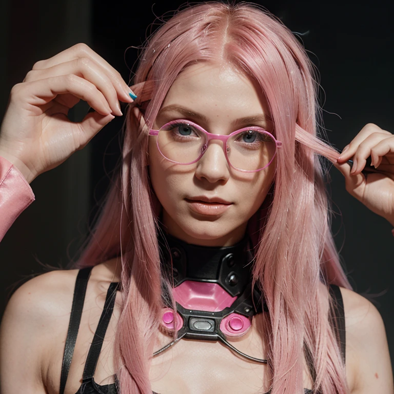 cute scene emo girl, blonde and pink hair, black glasses, choker, taking a selfie