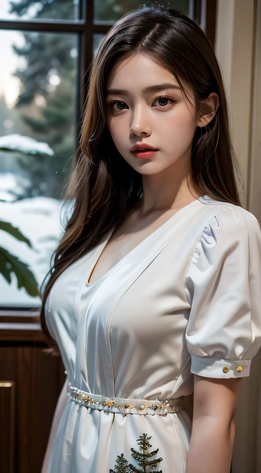 8k, highest quality, ultra detailed:1.37), Eliana, ((18 years)), a beautiful Asian girl, ((proudly stands in a military uniform)), representing her role as a soldier, ((She wears a fitted Purple dress)), The high-resolution image captures ultra-detailed realism, highlighting Eliana's determined expression, piercing eyes, and confident stance. The backdrop showcases an forest, adding to the authenticity and significance of the image. This visually striking representation showcases Eliana's strength and dedication as a soldier, cute knees, ((Lake)), ((Pine trees)), ((Detailed face)), ((Perfect body figure)), ((Detailed hair)), ((Detailed Dress)),