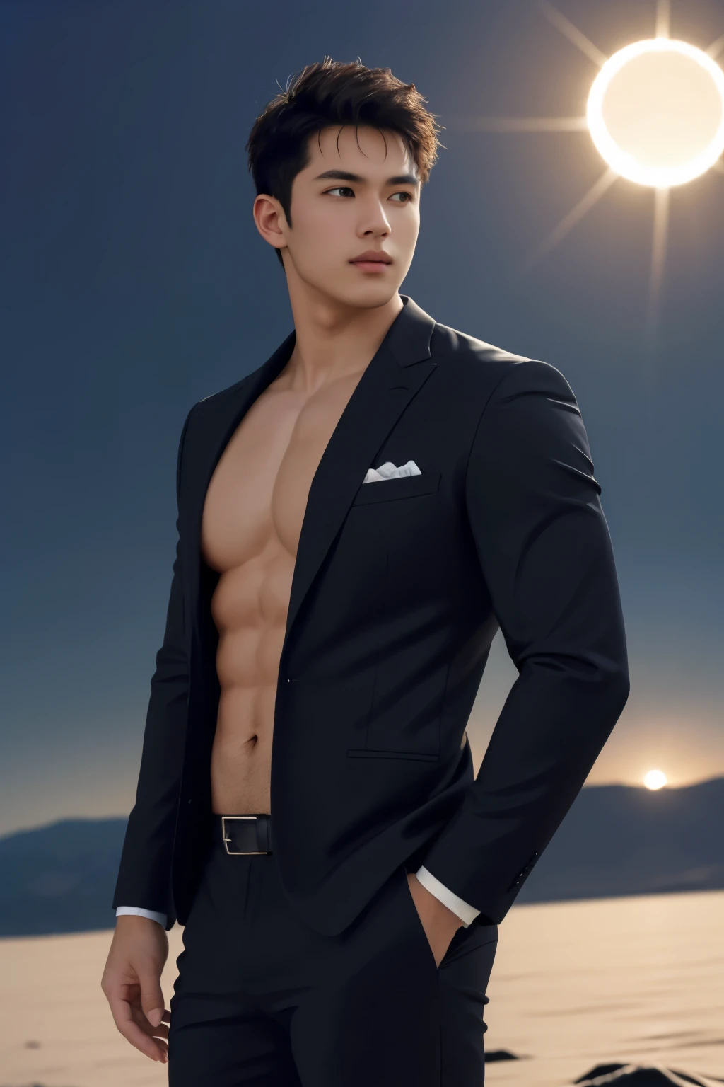 male, (standing close to total solar eclipse), landscape, huge sun total solar eclipse background, elegant, wearing suit, tight clothes, open clothes, unzipped, blush, masterpiece, best quality, detailed background, depth of field, intricate details, (muscular), (large pectorals), (puffy nipples), 