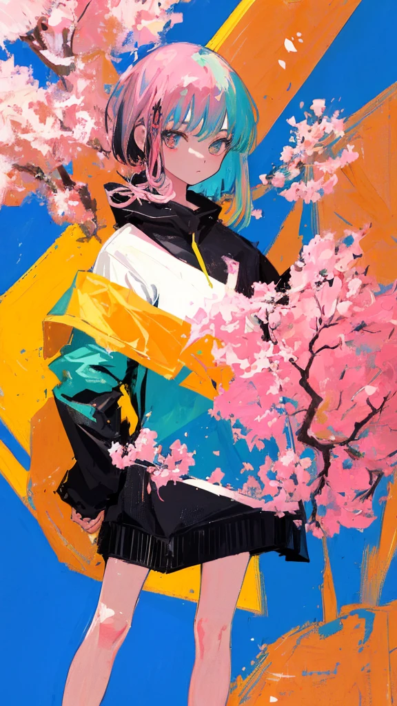 (shape: giant gram), (flat color:0.9),(colorful:1.1),(masterpiece:1,2), highest quality, masterpiece, High resolution, original, highly detailed wallpaper, looking at the viewer,,,1 girl,alone,Basquiat style,cherry blossoms