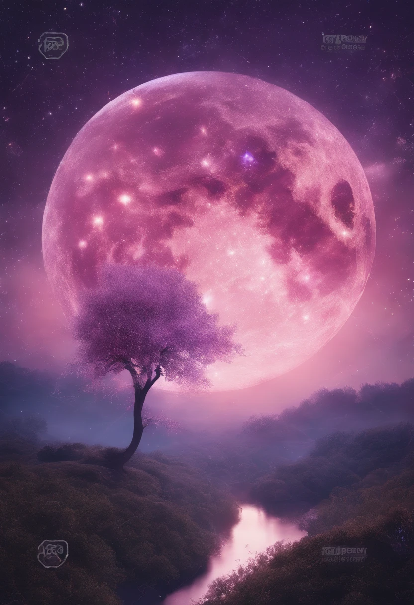 ((HG)), A captivating ((photorealistic image)) of a ((dreamy night sky)) featuring ((a fulmoon)) and an array of twinkling stars. ((Galaxy)), creating a sense of depth and fantasy. ((soft dreamy ethereal atmosphere.)) This stunning 3D render, showcasing an aesthetic blend of cosmic and dreamy elements, calm pink and purple tone,