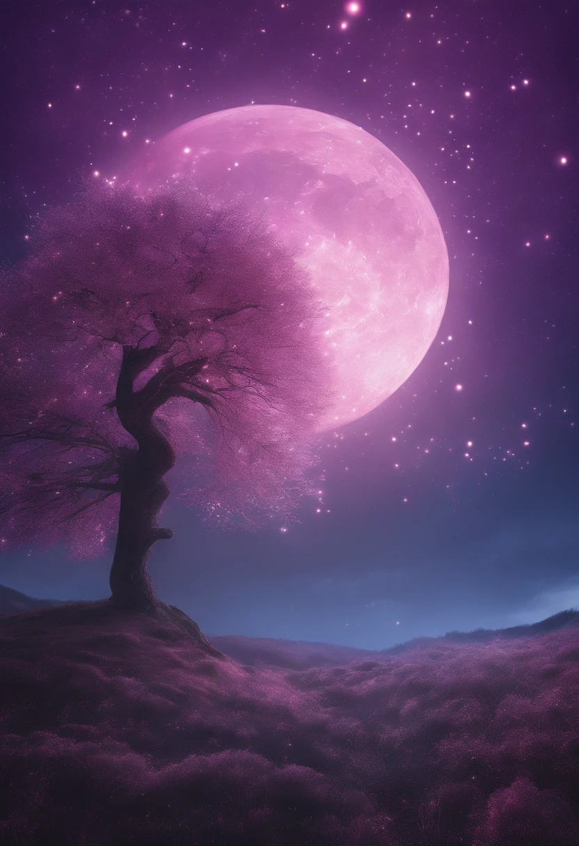((HG)), A captivating ((photorealistic image)) of a ((dreamy night sky)) featuring ((a fulmoon)) and an array of twinkling stars. ((Galaxy)), creating a sense of depth and fantasy. ((soft dreamy ethereal atmosphere.)) This stunning 3D render, showcasing an aesthetic blend of cosmic and dreamy elements, calm pink and purple tone,