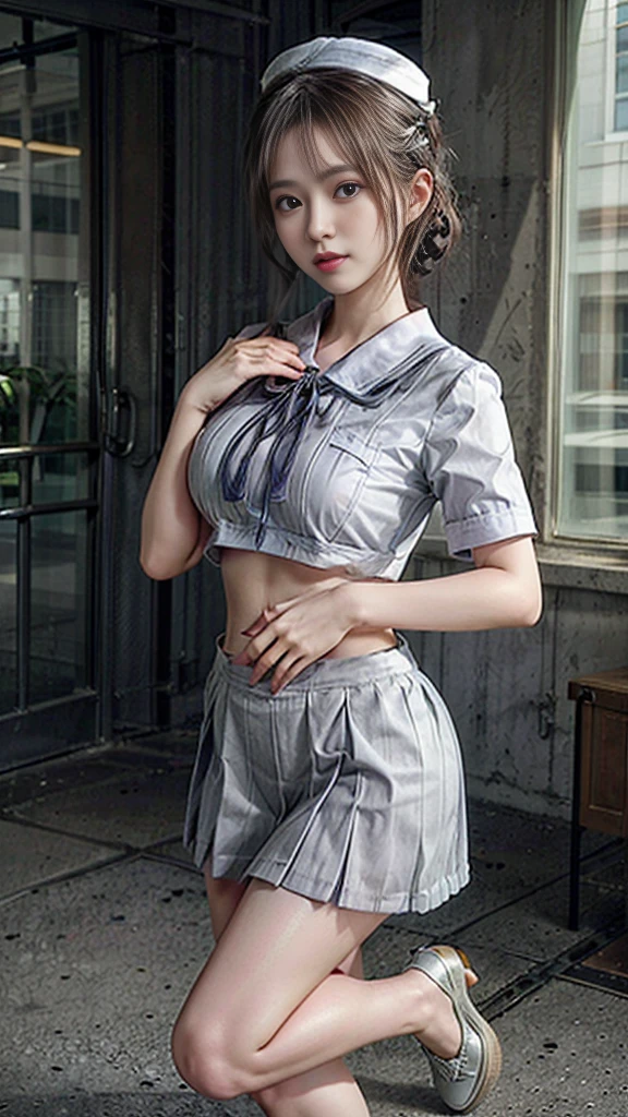 (highest quality:1.4), (hyper quality), (Super detailedな), 1 beautiful girl, So cute, wonderful face and eyes, Not aware of this, (Short-sleeved sailor uniform made of white and thin fabric, gray pleated micro mini skirt:1.5), (Beautiful and incredibly big breasts:1.3), (slender body:1.1), (skinny thin legs), (Very thin waist), belly button, realistic skin texture, bangs:1.3, bright and glossy lips, Beautiful goddess descends, beautiful background, golden ratio, conceptual art, Super detailed, Accurate, advanced details, outdoors, sexy art, Surrounded by the summer sunshine, bright light, Super delicate illustration details, 8K wallpaper that integrates high-definition CG, RAW photo, professional photos, cinematic lighting, written boundary depth, (No bra in uniform:1.2), (You can see the shape of the nipple protrusions through the uniform.:1.2), (The nipple protrusions lift the uniform), (Her big breasts make her uniform stretch out:1.2), I'm massaging my chest and getting stuffy, Cropped tops with fluttering hems:1.3, underboob:1.3, (High heels on bare feet)