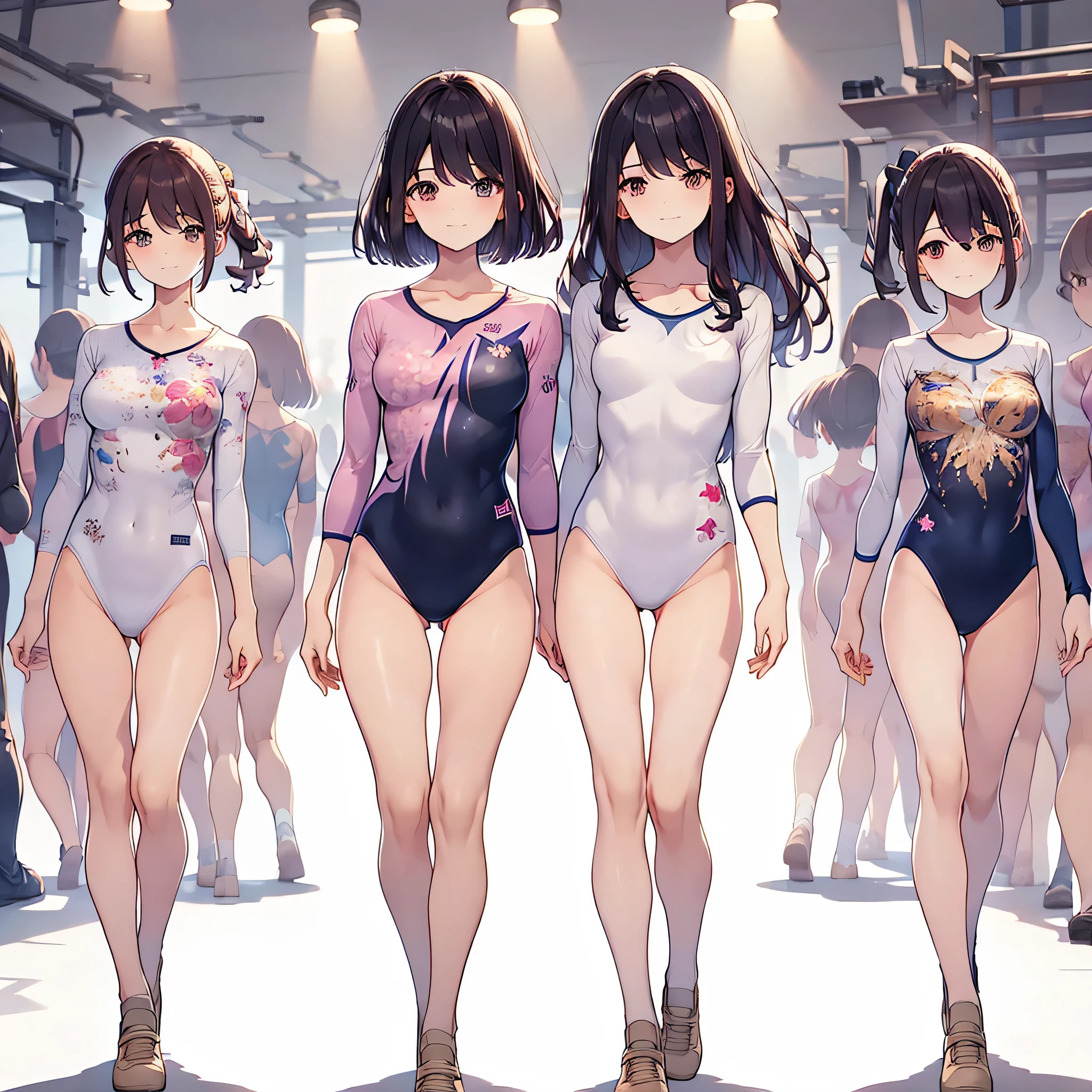 ((full body)),(masterpiece, best quality), (2 girls1.5) ,((Contrapposto:1.5)), looking at viewer, walking,((v_arms:1.2)), (wearing gymnastics_longsleeves_leotard_outfit leotard:1.3),(pink leotard) ,(floral print leotard:1.3),{{wearing gym suit:1.3 }}, BREAK masterpiece black hair, ((long hair:1.2)), ((parted bangs:1.3)), black eyes, good hand, ((small breasts)), (over 20 years old, under 25 years old:1.2), , spotlight, happy, smile, BREAK in the class room