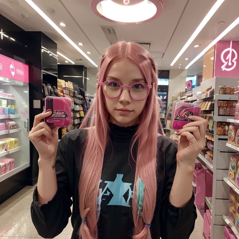 avatar, woman with long pink hair, with futuristic pink glasses, store
