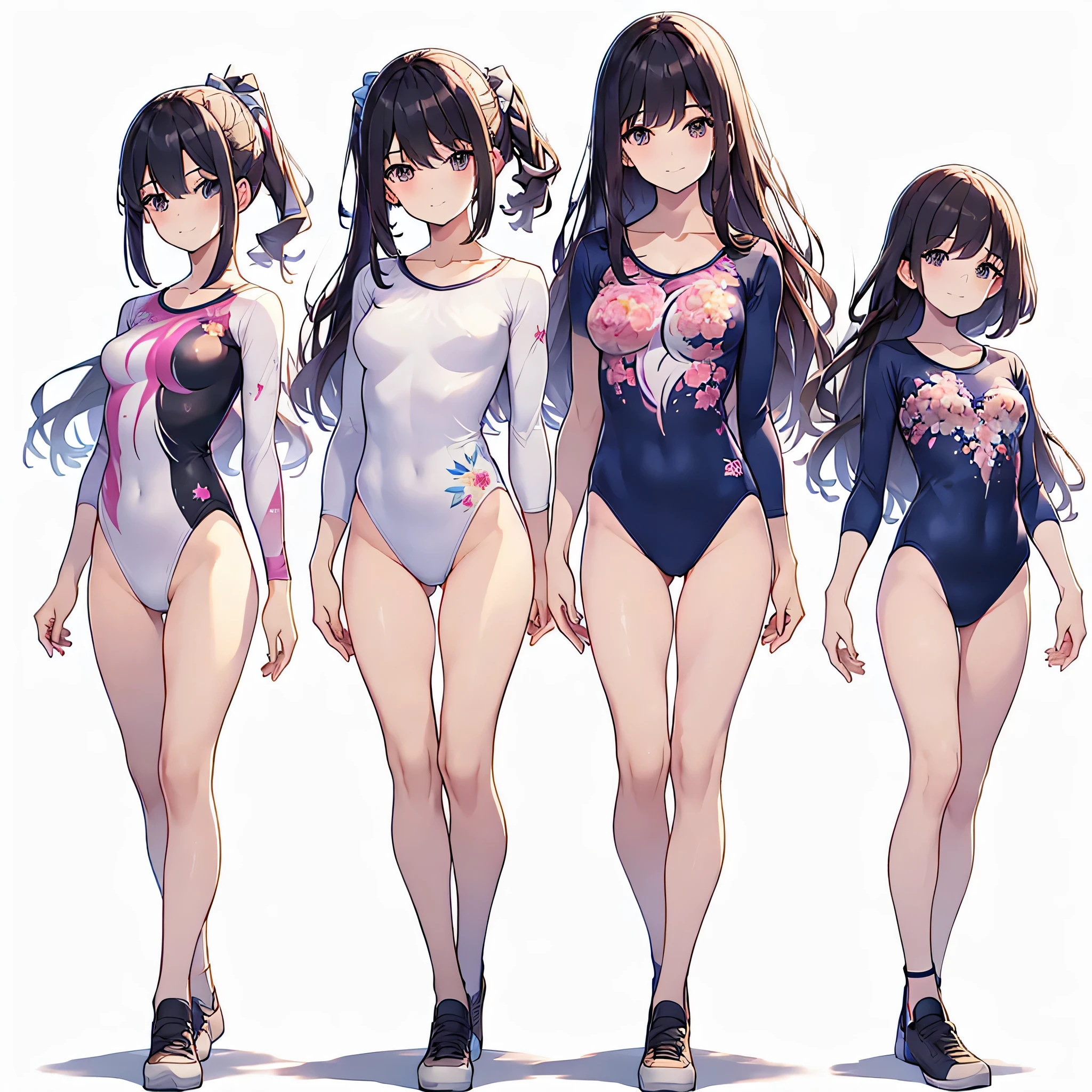 ((full body)),(masterpiece, best quality), (2 girls1.5) ,((Contrapposto:1.5)), looking at viewer, walking,((v_arms:1.2)), （wearing gymnastics_longsleeves_leotard_outfit leotard:1.3),(pink leotard) ,(floral print leotard:1.3),{{wearing gym suit:1.3 }}, BREAK masterpiece black hair, ((long hair:1.2)), ((parted bangs:1.3)), black eyes, good hand, ((small )), (over 20 years old, under 25 years old:1.2), , spotlight, happy, smile, BREAK in the class room