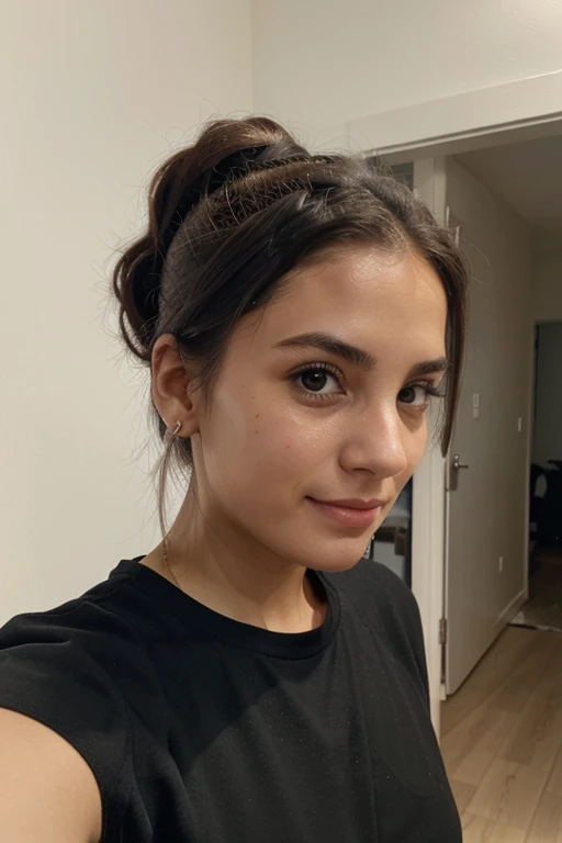 take a selfie with your hair tied up, without earrings, without smiling with your body straight for the camera in black clothes