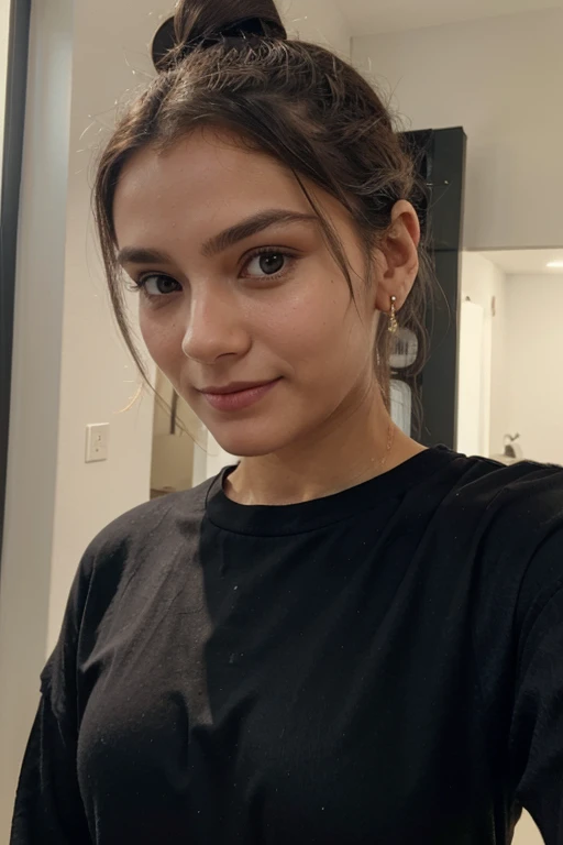take a selfie with your hair tied up, without earrings, without smiling with your body straight for the camera in black clothes