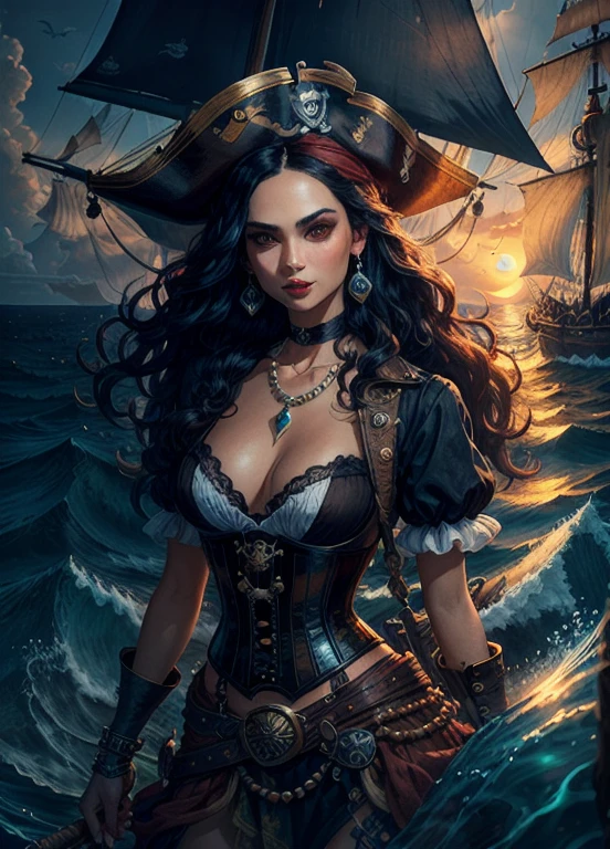 (a sexy pirate woman:1.1,long black hair:1.1,transparent t-shirt:1.1),detailed eyes and face,captivating smile,mesmerizing gaze,daring and confident expression,vibrant red lipstick,perfectly shaped eyebrows,fierce and intense look,beautifully styled hair,wild and untamed curls,sultry and seductive appearance,pirate hat,pirate sword,treasure map,shipwrecked background,sailing on a pirate ship in a stormy sea,striking pirate outfit with corset and high-waisted skirt,bold and adventurous pose,pearl necklace and earrings,pirates of the Caribbean inspired art style,vivid and dramatic colors,contrast between light and shadow,soft and warm lighting effect,ocean breeze and salty air,glowing sunset in the background,underwater sea creatures surrounding her,provocative and mysterious atmosphere,highly detailed illustration,realistic textures and details.