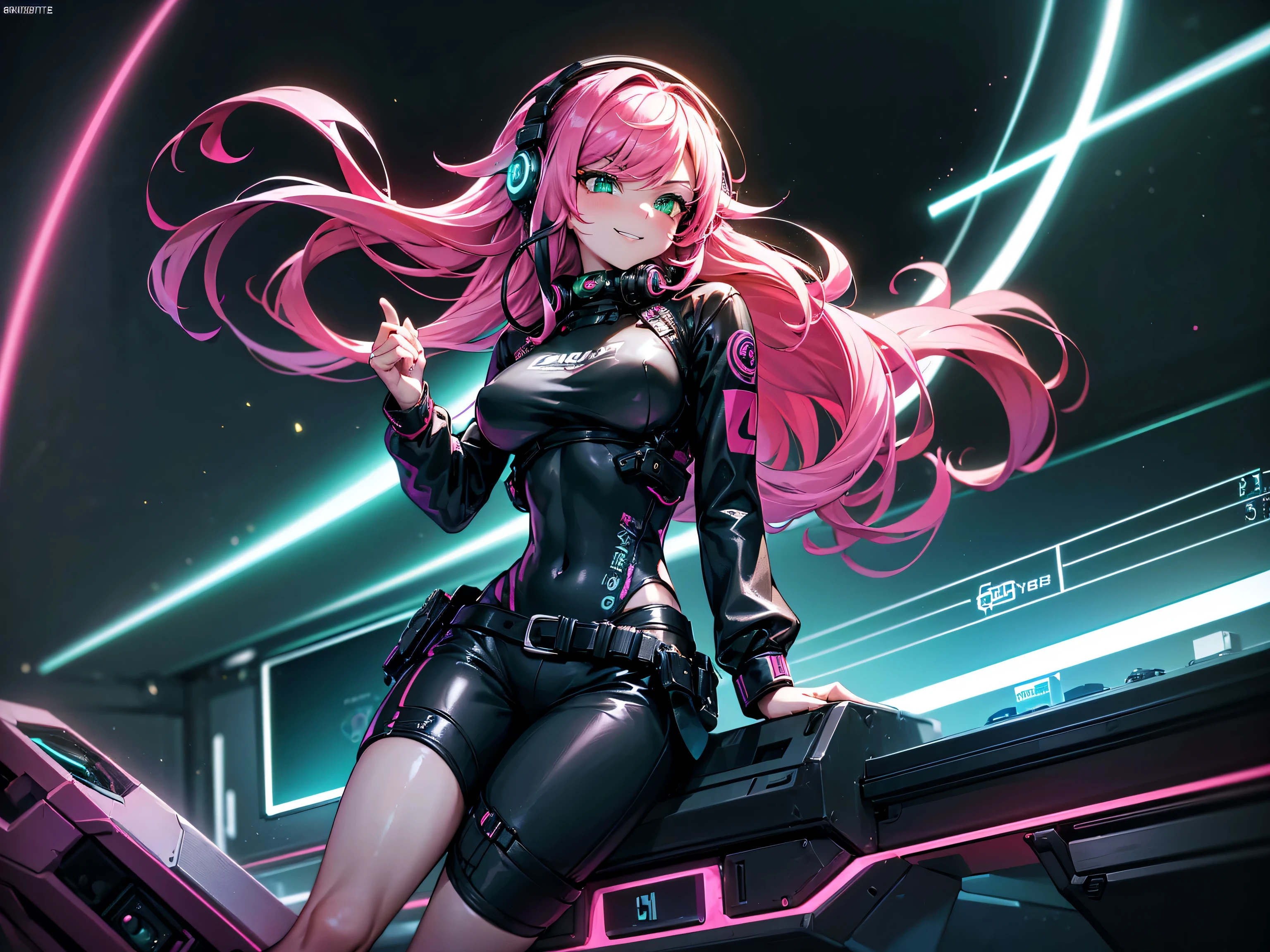 masterpiece:1.4, 1girl ((20year old, dressed in long sleeve shirt, tight black shorts, sneakers, medium breasts, multicolor pink hair, curly long hair, flirting, happy, big smile, perfect model body, green eyes:1.4, Wearing headphones, sitting in a gaming chair playing video games:1.4, gaming center, futuristic and energetic atmosphere)), ((nighttime)) ((solo:1.6)) ((wide camera angle))