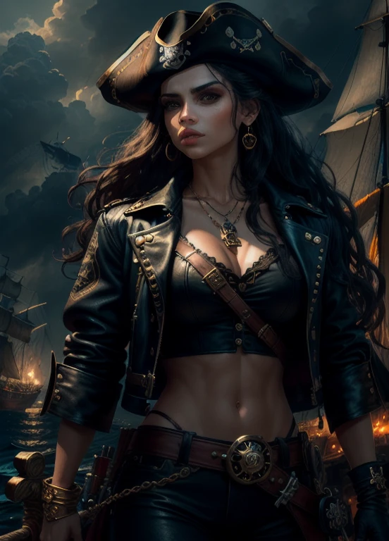 sticker of a beautiful female pirate, digital illustration, Disney, rule 63, full body, perfect anatomy, perfect face, black hair, ass showing aesthetically, abstract beauty, beautiful, centered, looking at the camera, approaching perfection, dynamic , moonlight, highly detailed, watercolor painting, art station, concept art, soft and sharp focus, illustration, art by Carne Griffiths and Wadim Kashin