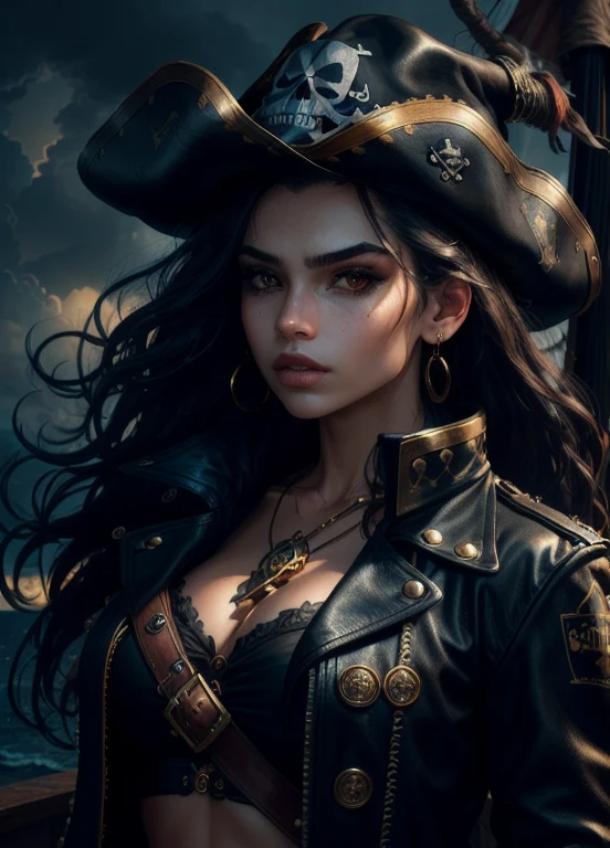 beautiful female pirate with hat, pirate captain, detailed face, beautiful eyes, full lips, long eyelashes, ornate pirate hat, feather in hat, intricate pirate outfit, embroidered coat, shiny jewelry, holding sword, stormy sea background, dramatic lighting, cinematic, vibrant colors, highly detailed, photorealistic