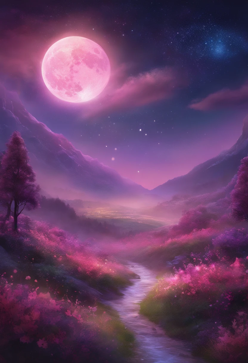 ((HG)), A captivating ((photorealistic image)) of a ((dreamy night sky)) featuring ((a fulmoon)) and an array of twinkling stars. ((Galaxy)), creating a sense of depth and fantasy. ((soft dreamy ethereal atmosphere.)) This stunning 3D render, showcasing an aesthetic blend of cosmic and dreamy elements, calm pink and purple tone,
