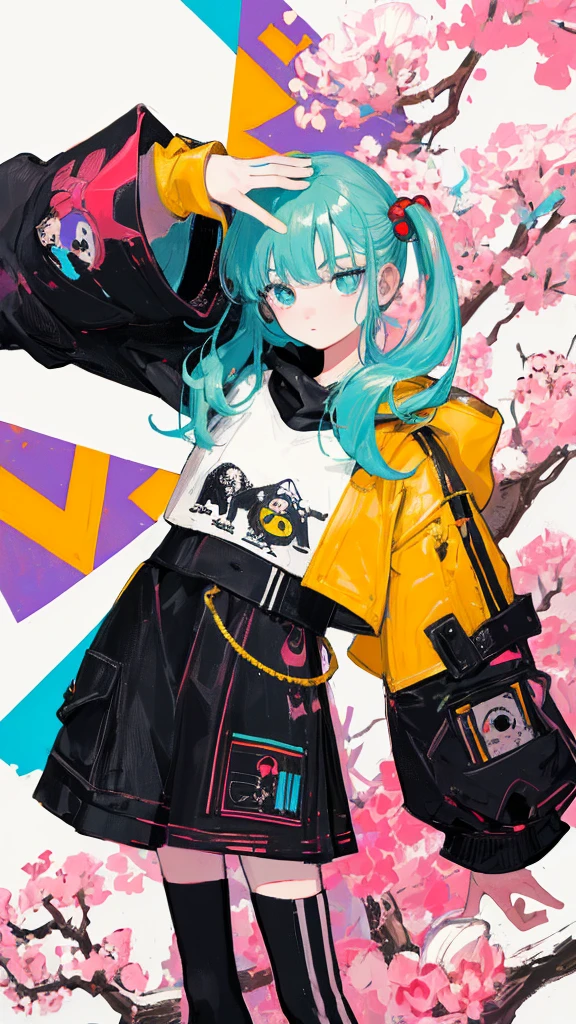 (shape: giant gram), (flat color:0.9),(colorful:1.1),(masterpiece:1,2), highest quality, masterpiece, High resolution, original, highly detailed wallpaper, looking at the viewer,,,1 girl,alone,Basquiat style,cherry blossoms,white background