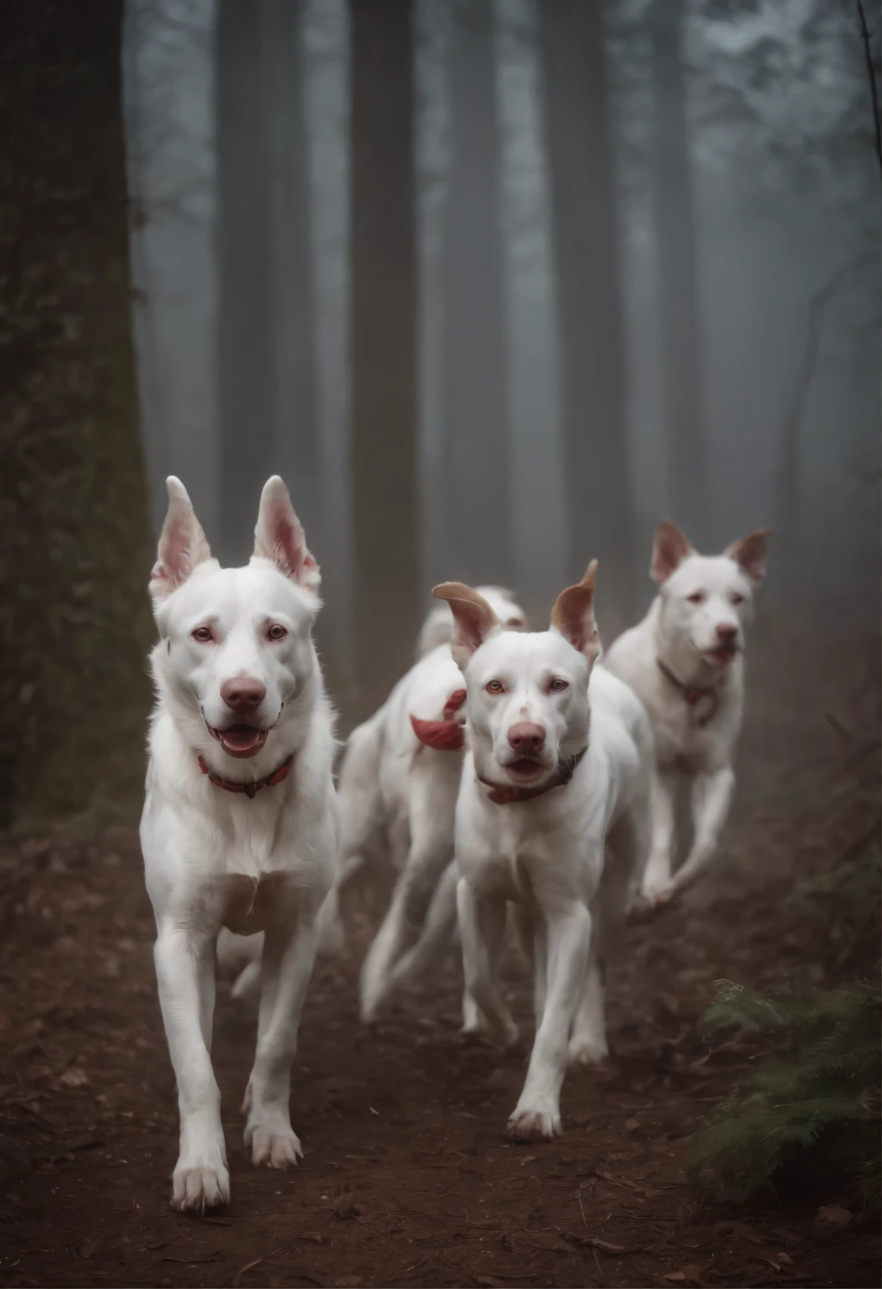 Furious, wild and terrifying off-leash white hunting dogs with red ears in a night forest with mist and crescent moon