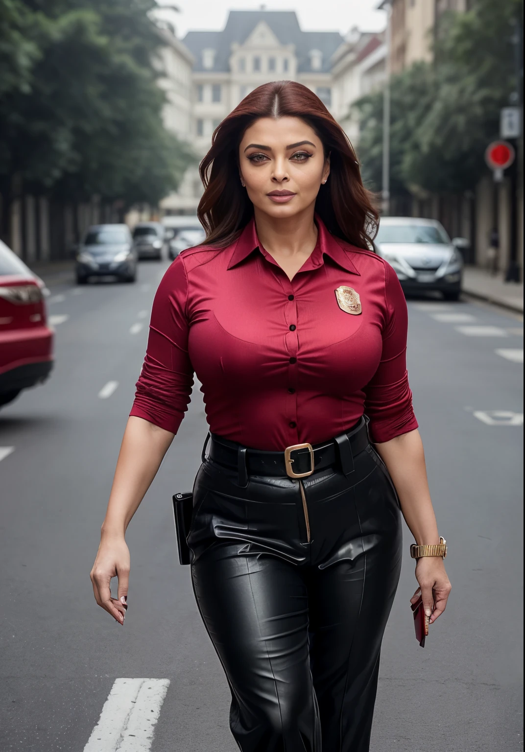 50yo mature MILF Aishwarya Rai as police officer, red police uniform, tight shirt, ((very high heels)), ponytail hair, mature athletic curvaceous milf body, ((catwalk alone in street)), hourglass milf figure, medium breasts, (((seductive expression))) on her face, look at a camera and wink one eye, soft volumetric lights, intricate details, (ArtStation:1.2)