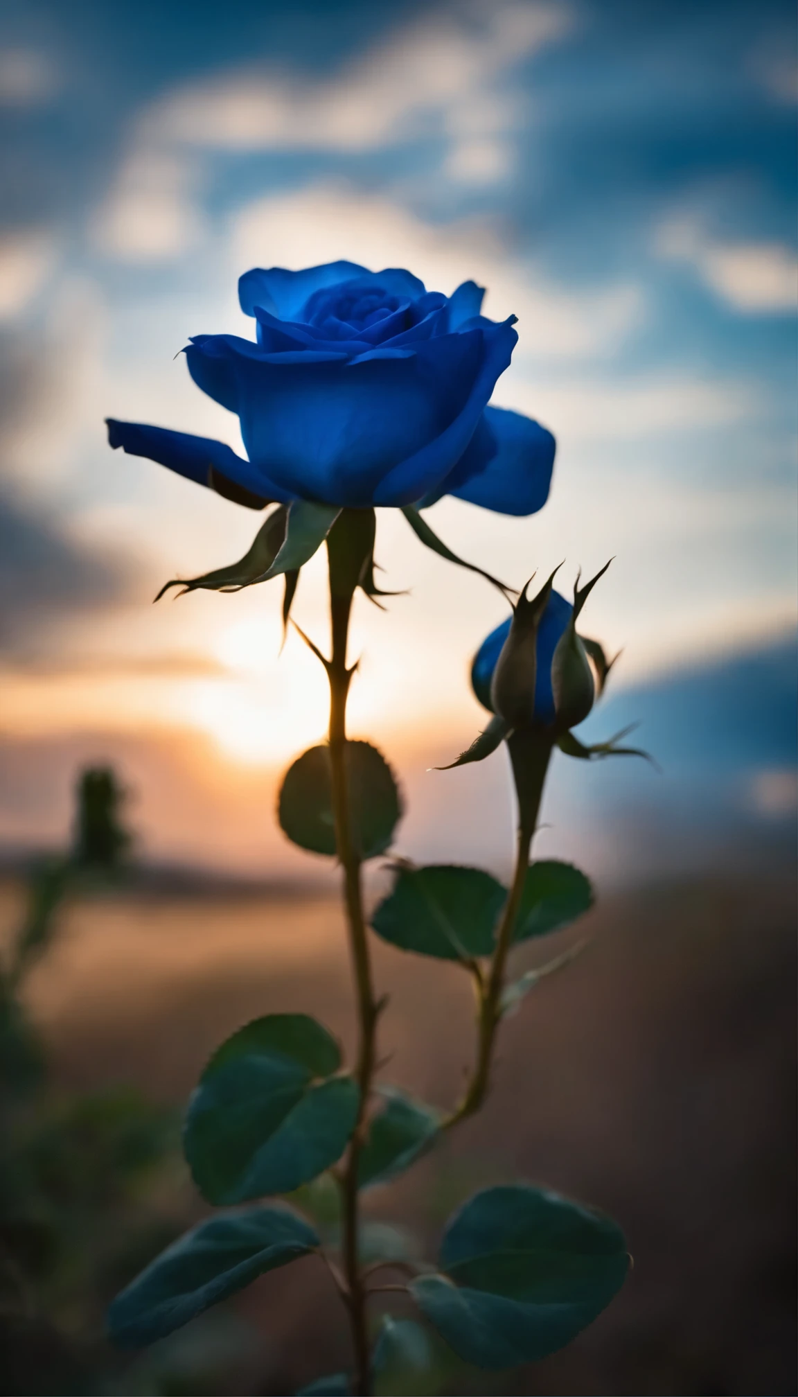 A blue rose and blue sky,Clouds and the sun rises, blurry background