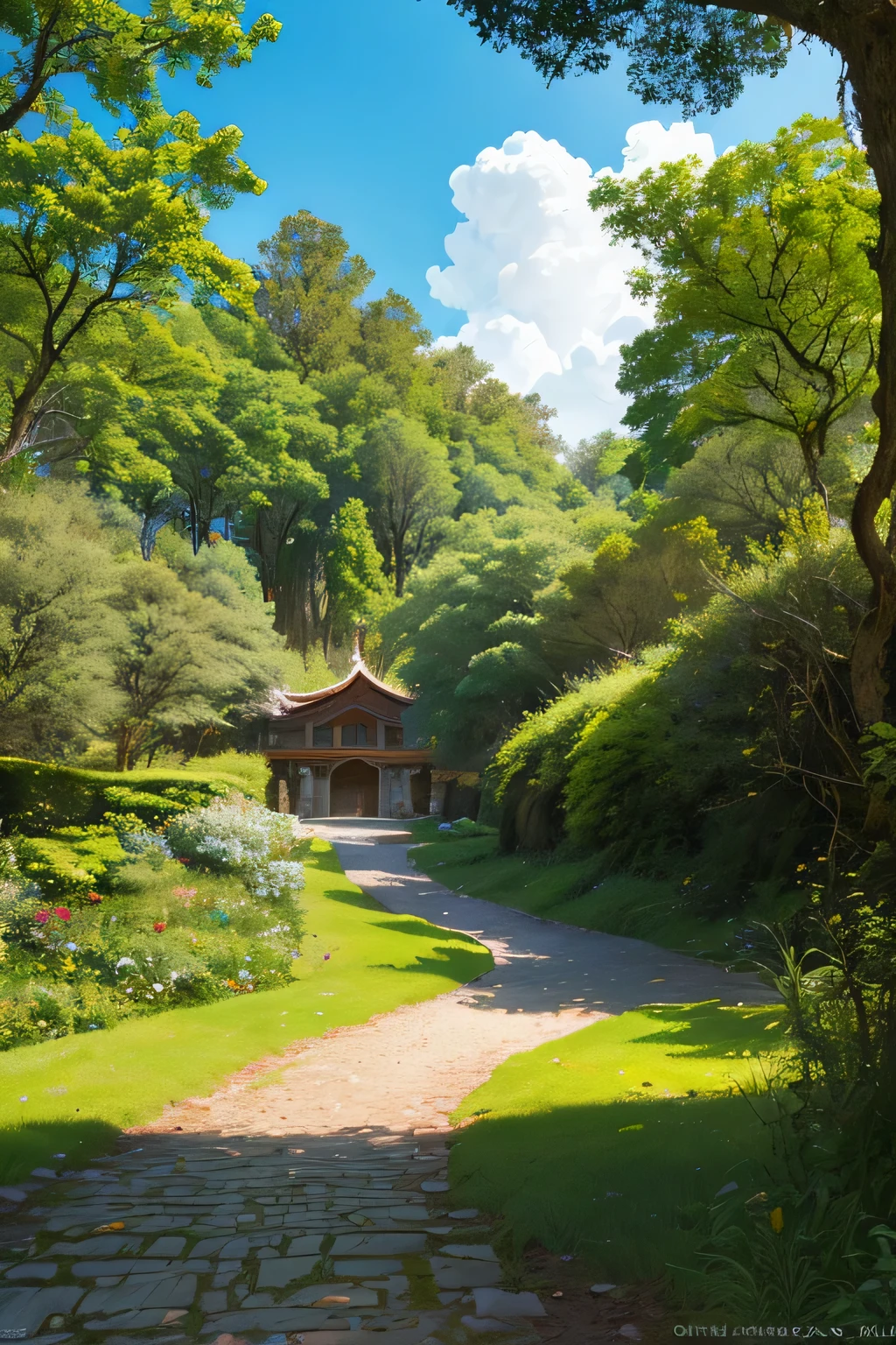 ((Mais alta qualidade)),(Ultra high resolution),(super detalhado),(Detailed Description),((melhor CG)),(melhor arte),super precision art,amazing drawing art,(Arte paisagem precisamente detalhada:1.5), (bosque florido:1.6), finely detailed elven castle:1.7,(( vasto campo verde:1.5)), elaborately crafted sky and clouds:1.8, (riacho).。Soft sunlight surrounds you。Eu posso ver flores no campo. (Lindas arvores). ((Um lindo castelo))