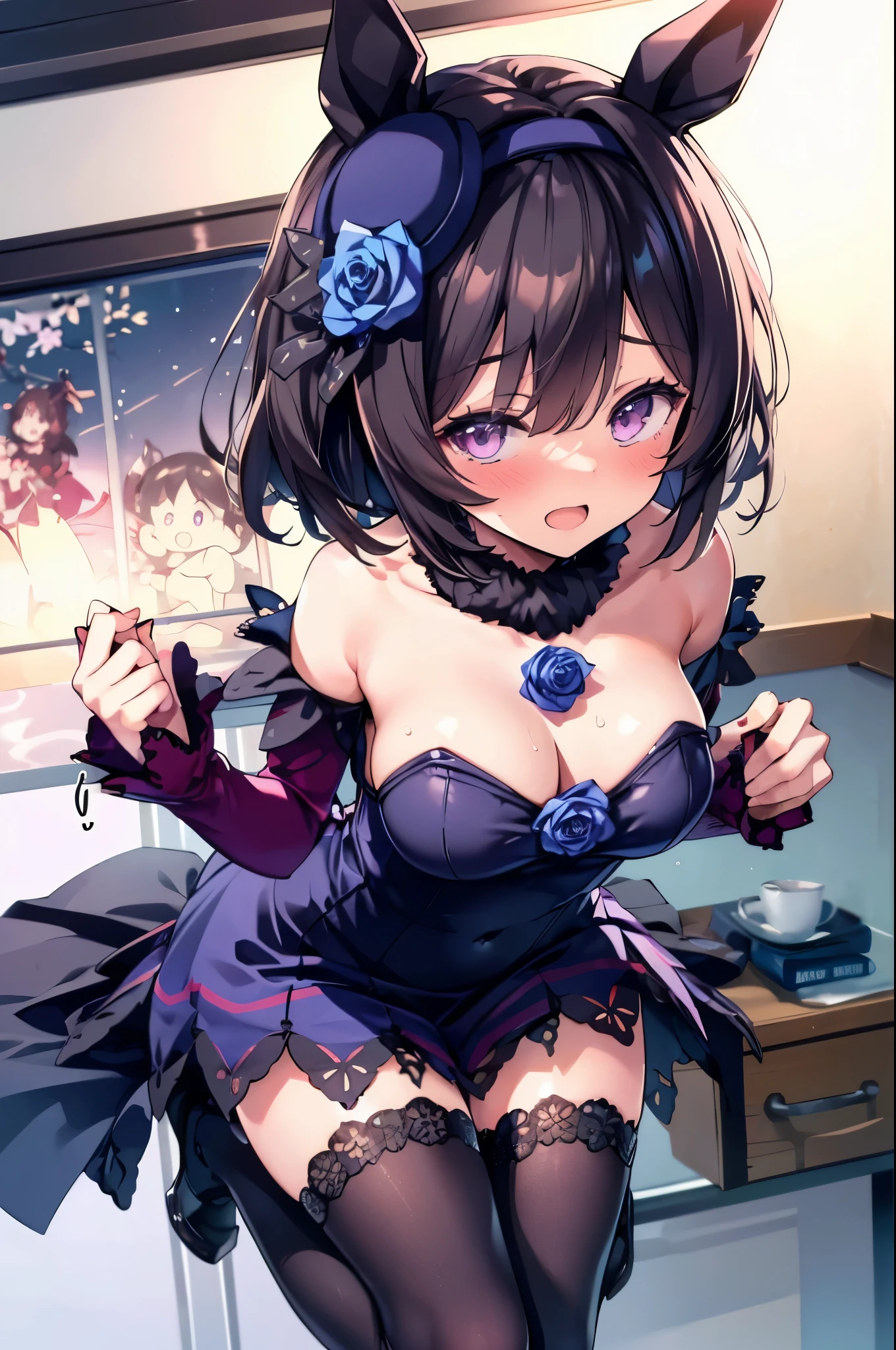 NSFW,((1 man and 1 woman,doing tit fuck)), Paizuri squeeze,paizuri,breasts blowjob,breast in 1penis,ウマ娘のNishinohana,Uma Musume,Nishinohana,short hair,red headband,beautiful purple eyes,black dress,frills,Blue rose,black stockings,cute,Curvaceous,smile with open mouth,blush,embarrassed face,upward glance,simple background,best image quality,highest quality,masterpiece