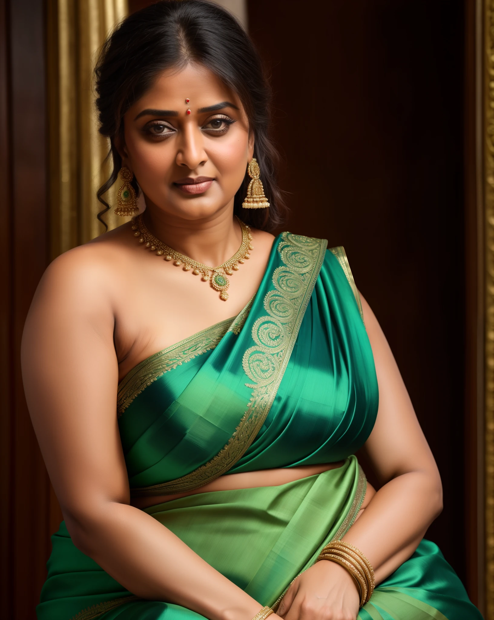 50yo mature MILF Anushka Shetty,((best quality)), ((masterpiece)), ((realistic)), Medusa, full body, the hair  composed of countless small snakes, green eyes, female face,metal carved top, royal aura, trend on artstation , sharp focus, studio photo, intricate detail, very detailed, detailed eye, illustration, very detailed, sharp focus, digital render, professional, 4k, low waist saree satin sleeveless saree fashion,, she hates wearing any bra or blouse, thick figure, bulky figure, thick belly, 