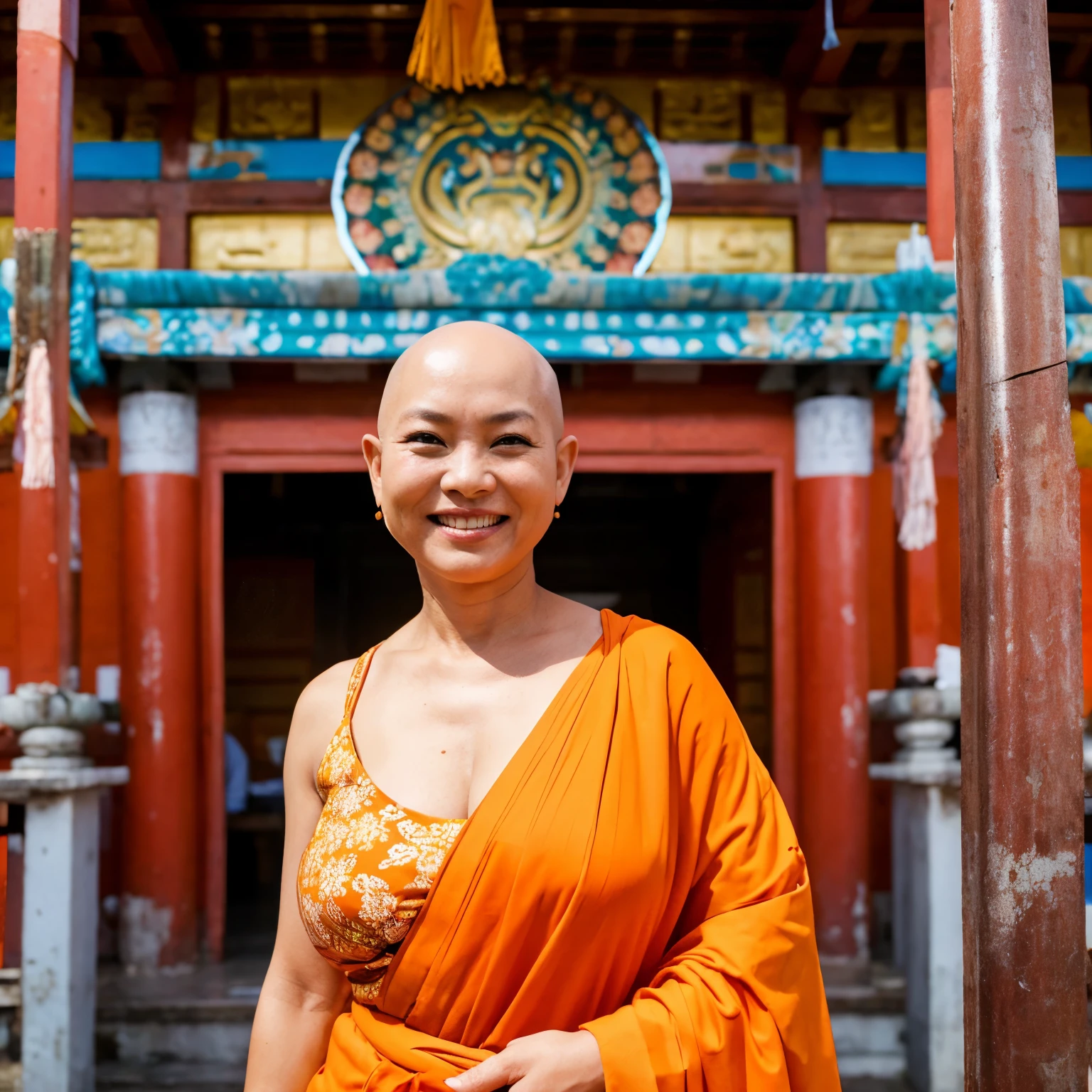 Bald head Thailand women 55 years old. 
.big bbw . 
 Wear a orange sarong. 
Backdrop in temple .