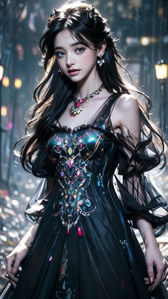 8K, ultra hd, masterpiece, 1 girl, (innocent face:1.4), detailed eyes, very long hair, impressive hairstyle, earings, necklace, small breasts, (black dress:1.5), (fantasy dress:1.5) Light-colored foundation brings out the transparency of the skin, (in the wonderland:1.5), mystery, diwali lights, glowing lights, very decoration, The lights falls like water, perfect body,